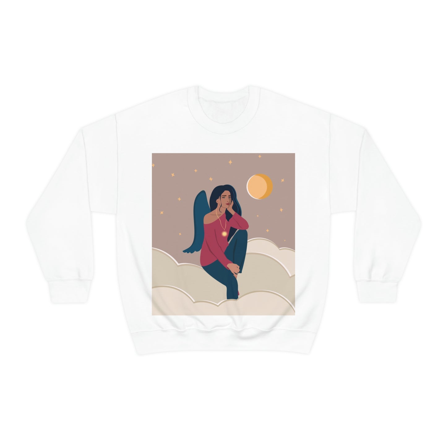 Women Angel Portrait Sitting On Clouds Cartoon Art Unisex Heavy Blend™ Crewneck Sweatshirt