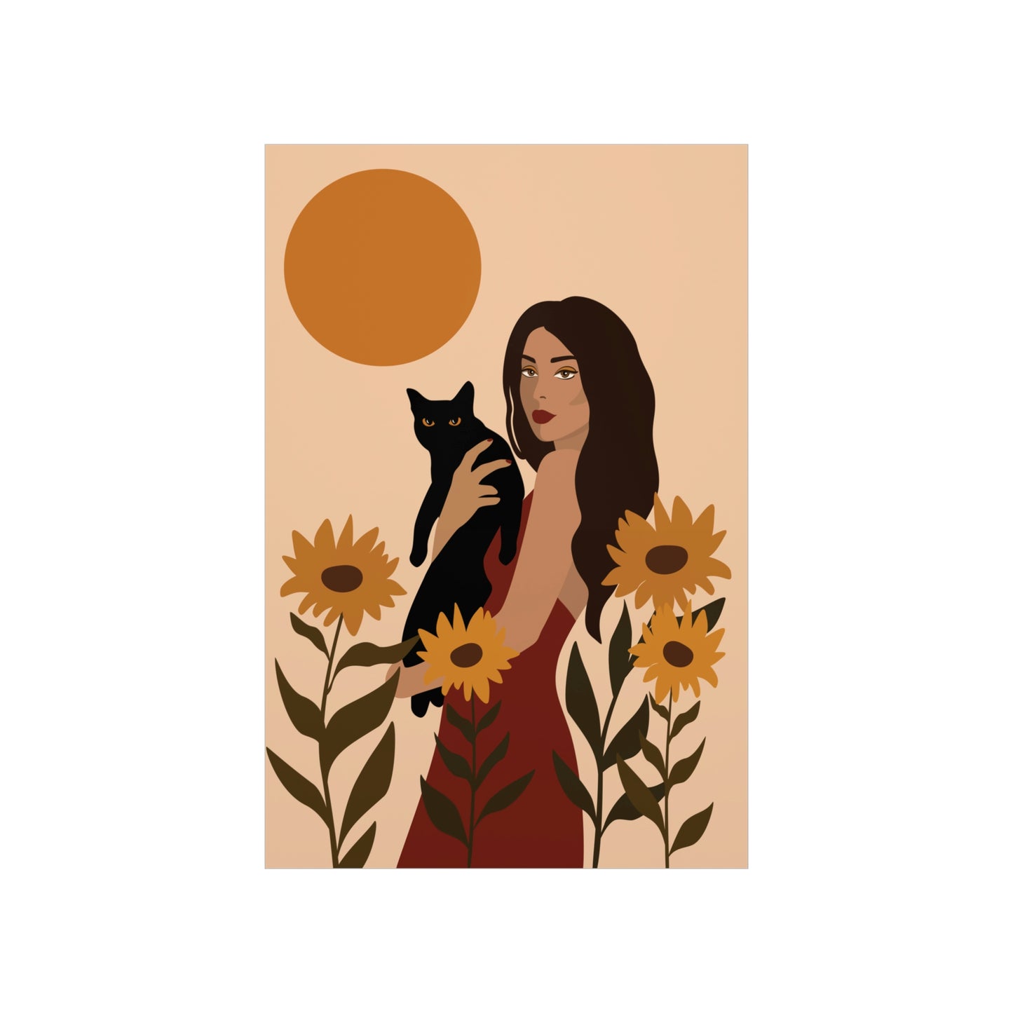 Woman with Black Cat Mininal Sunflowers Aesthetic Art Classic Premium Matte Vertical Posters