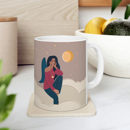 Women Angel Portrait Sitting On Clouds Cartoon Art Ceramic Mug 11oz