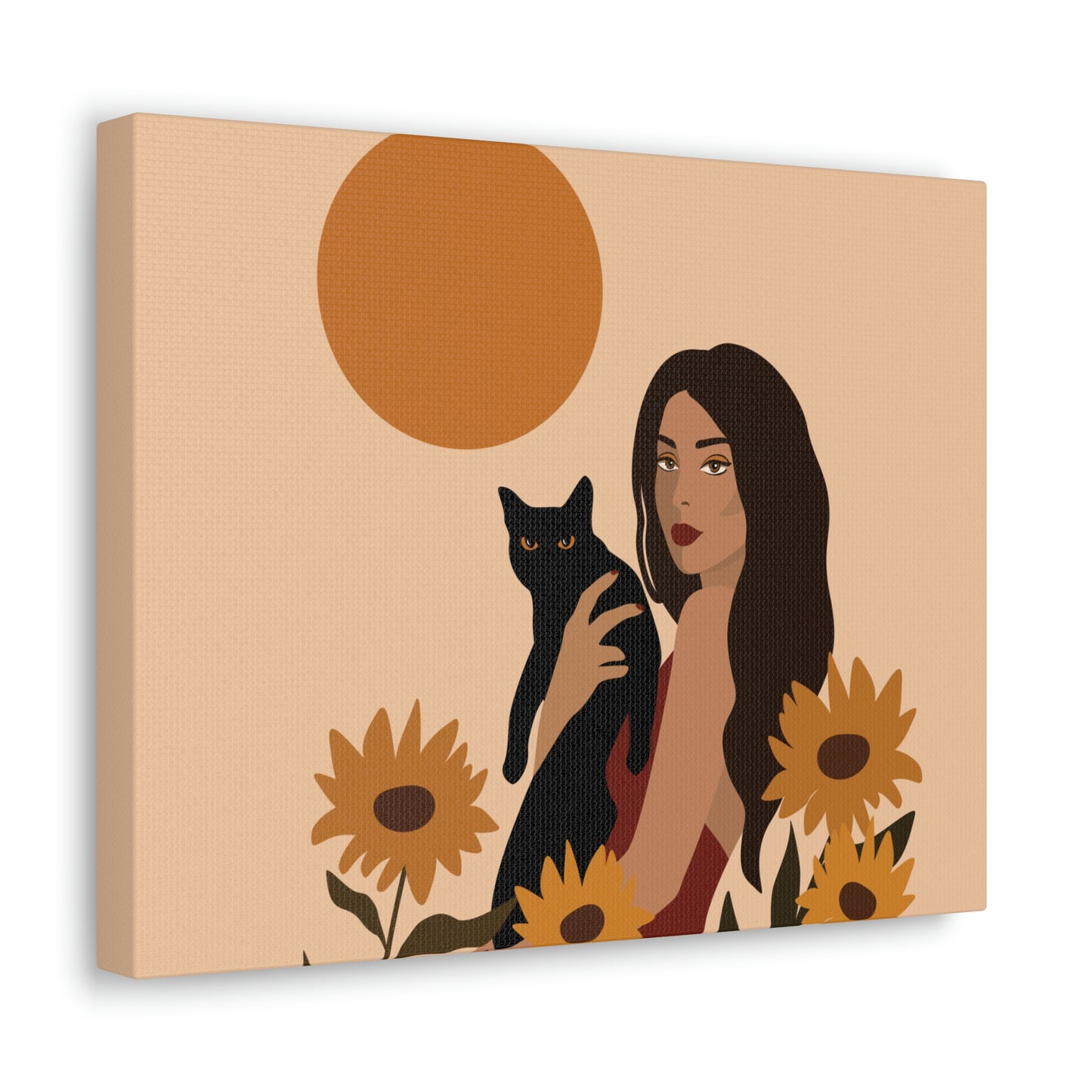 Woman with Black Cat Mininal Sunflowers Aesthetic Art Canvas Gallery Wraps