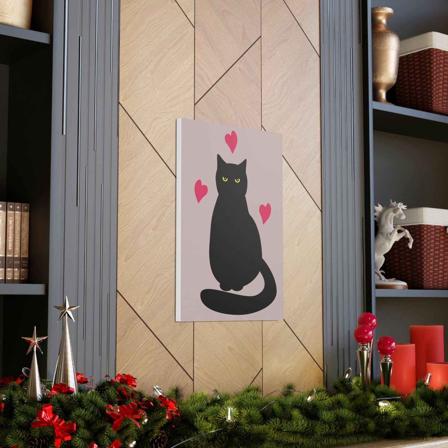 Black Cat with Heart Love Aesthetic Classic Art Canvas Gallery Wraps