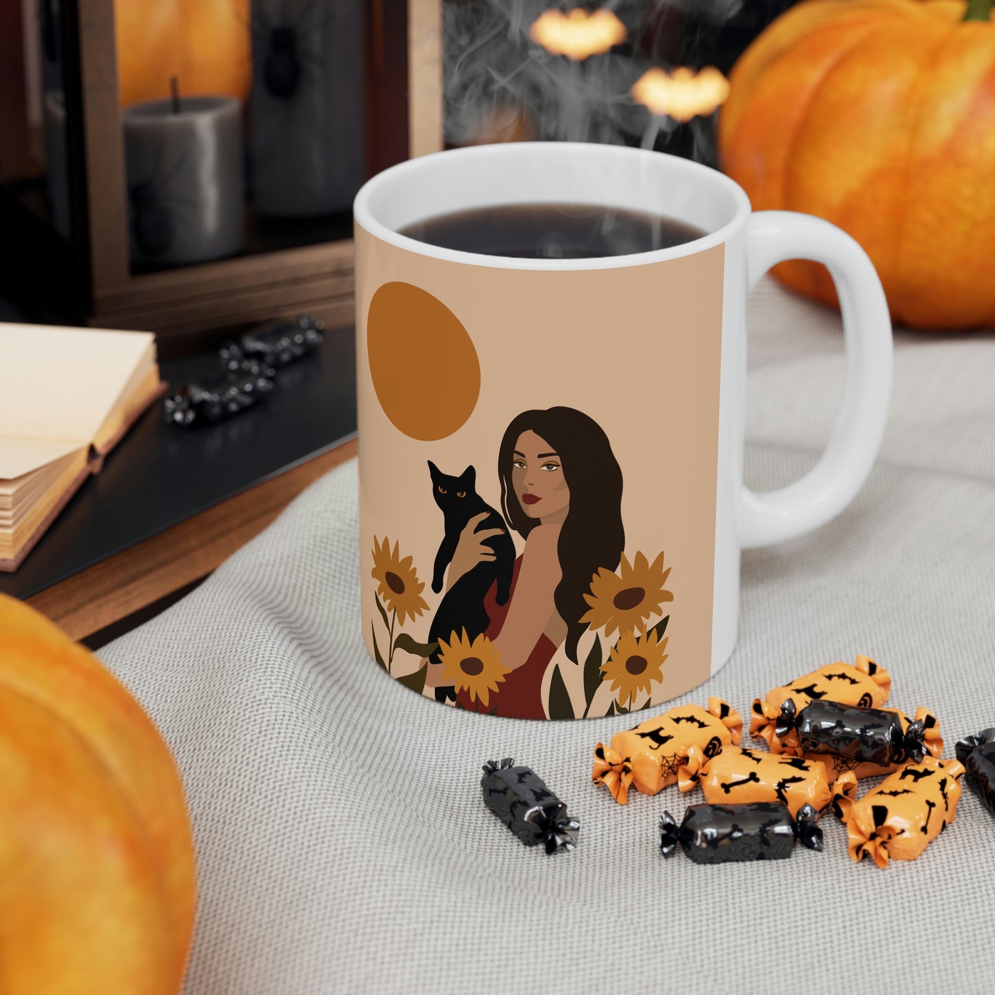 Woman with Black Cat Mininal Sunflowers Aesthetic Art Ceramic Mug 11oz