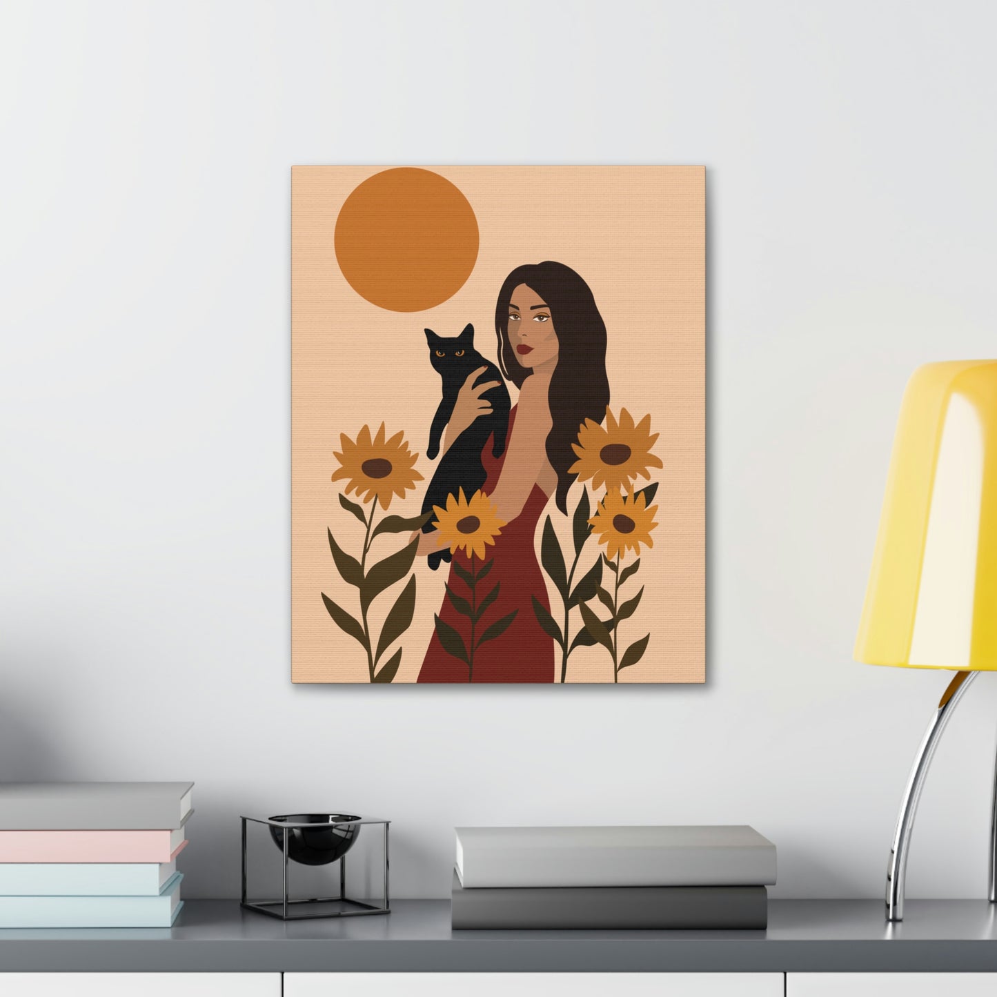 Woman with Black Cat Mininal Sunflowers Aesthetic Art Canvas Gallery Wraps