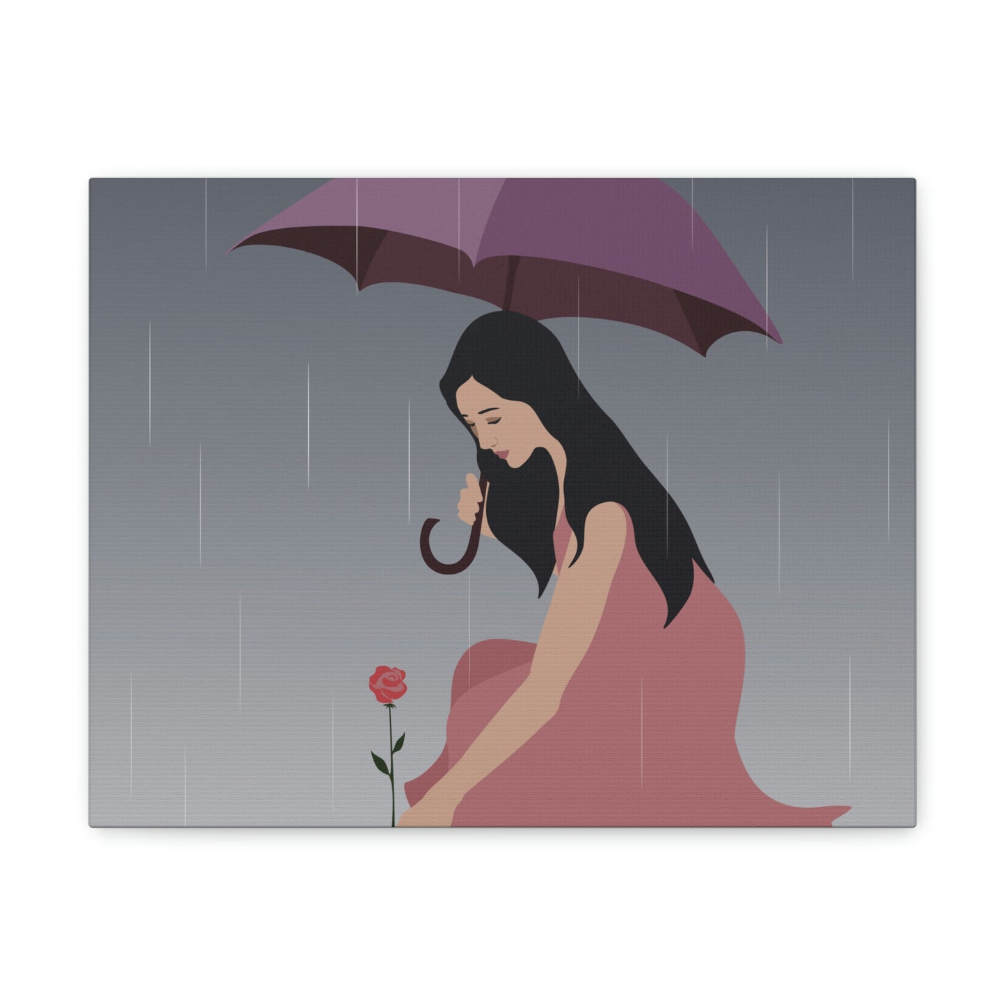 Woman with Umbrella Cartoon Art Walking in the Rain Graphic Aesthetic Classic Art Canvas Gallery Wraps