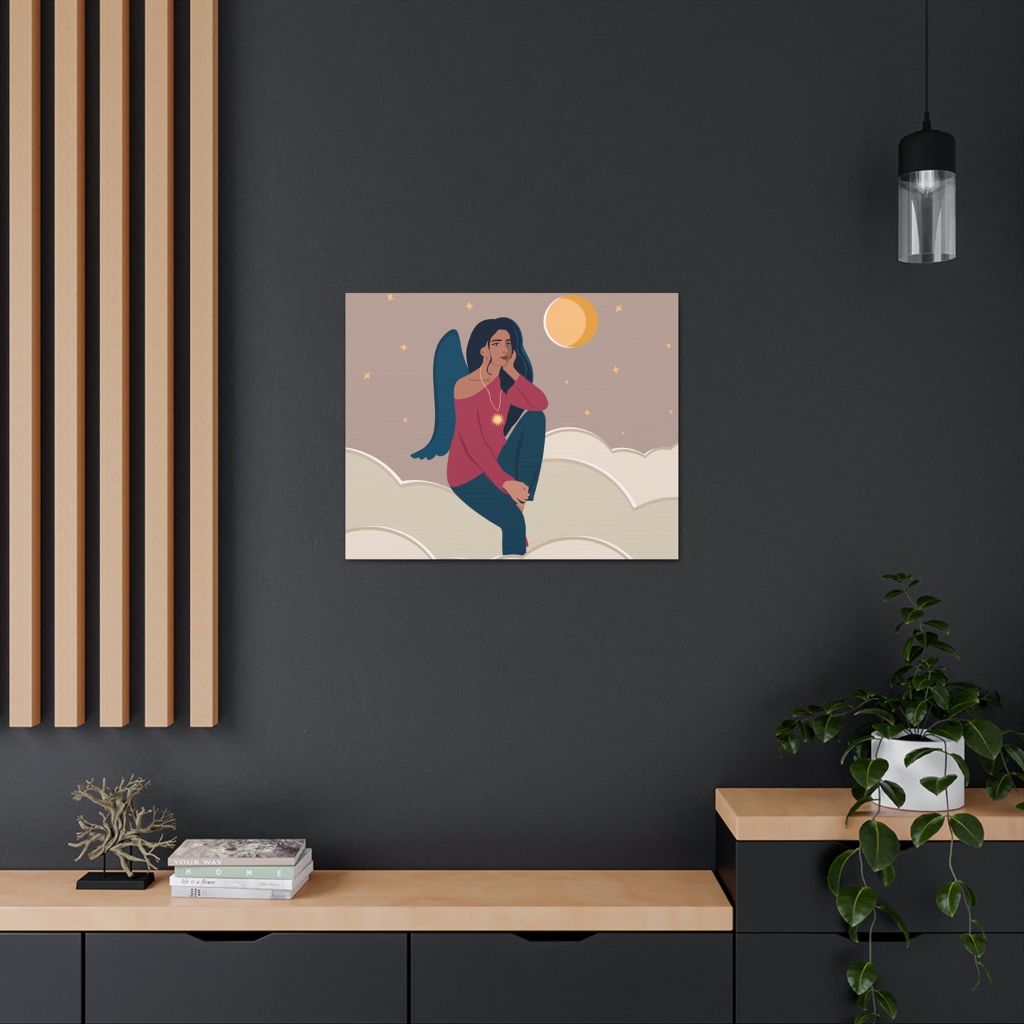 Women Angel Portrait Sitting On Clouds Cartoon Art Canvas Gallery Wraps