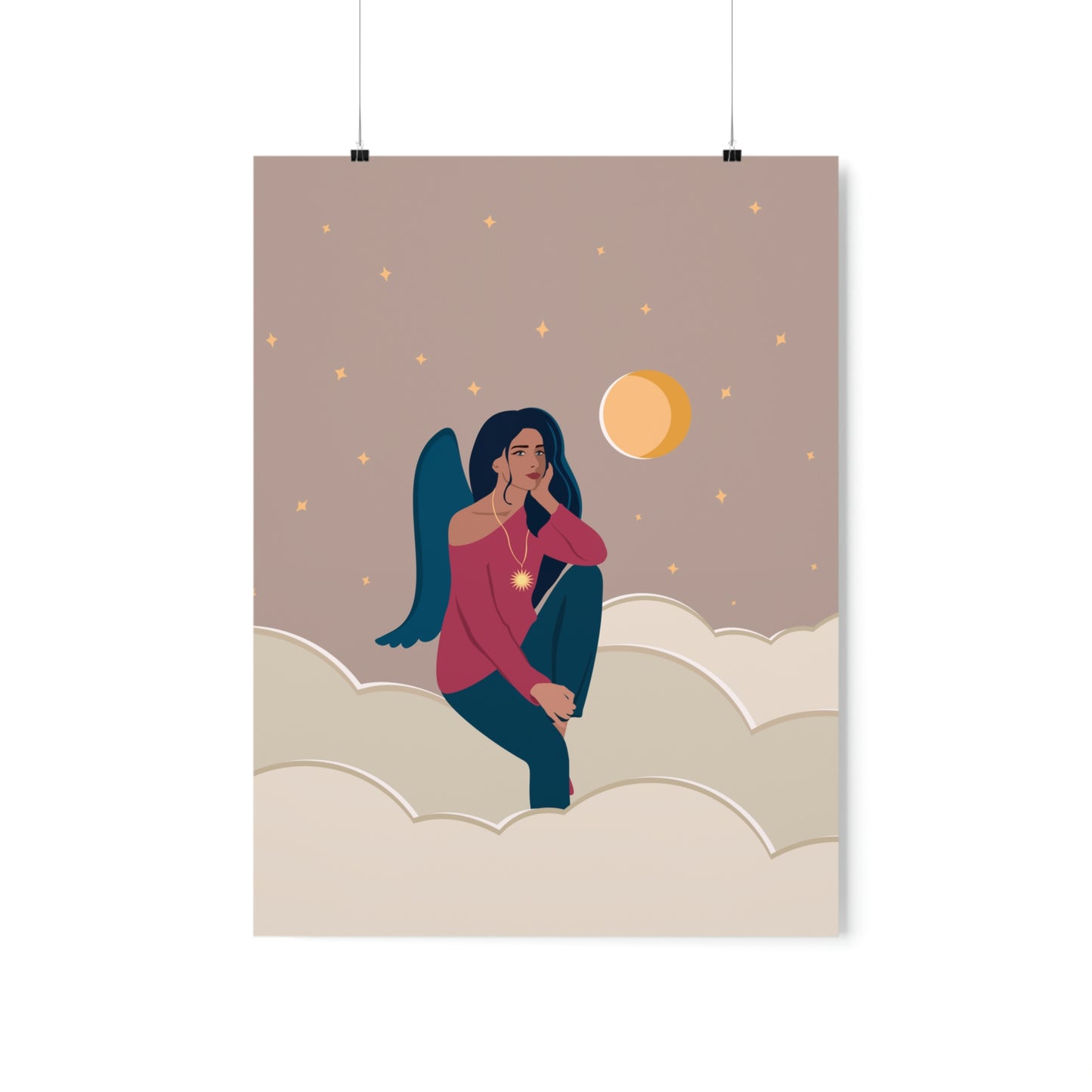 Women Angel Portrait Sitting On Clouds Cartoon Art Classic Premium Matte Vertical Posters