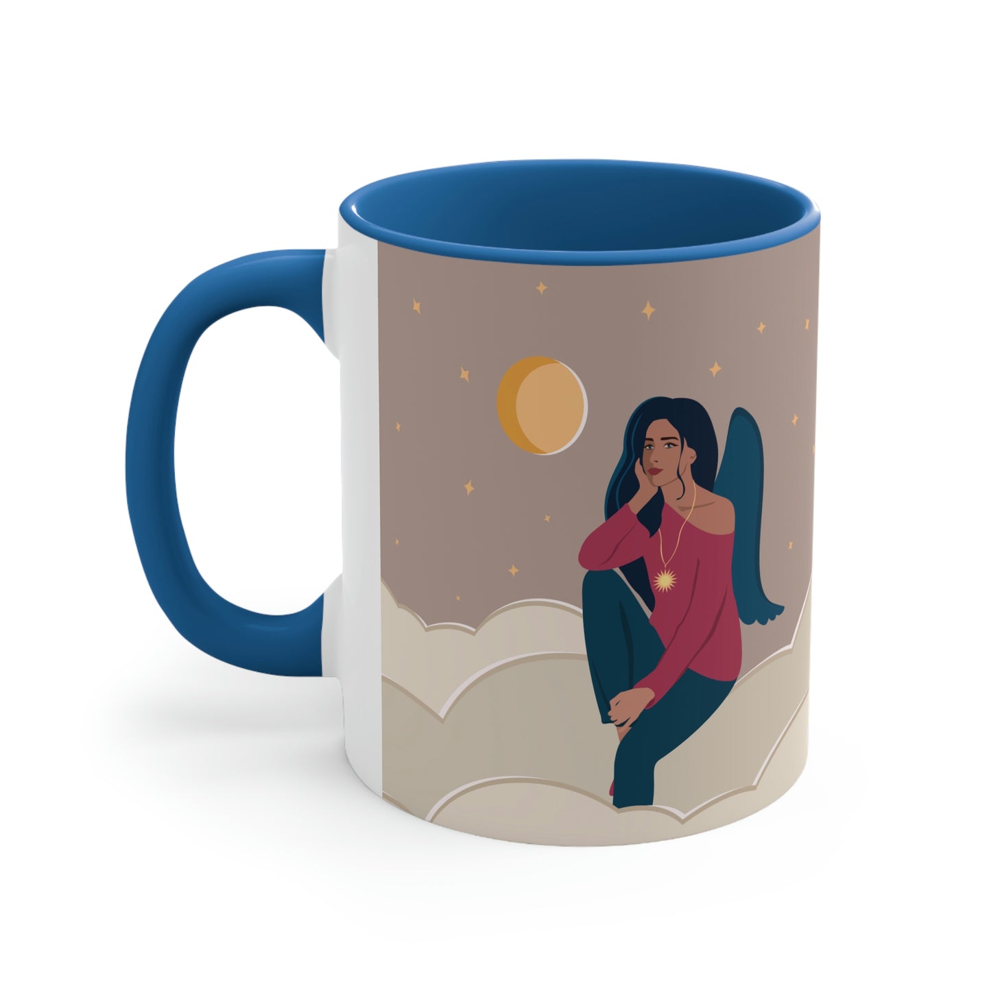 Women Angel Portrait Sitting On Clouds Cartoon Art Accent Coffee Mug 11oz