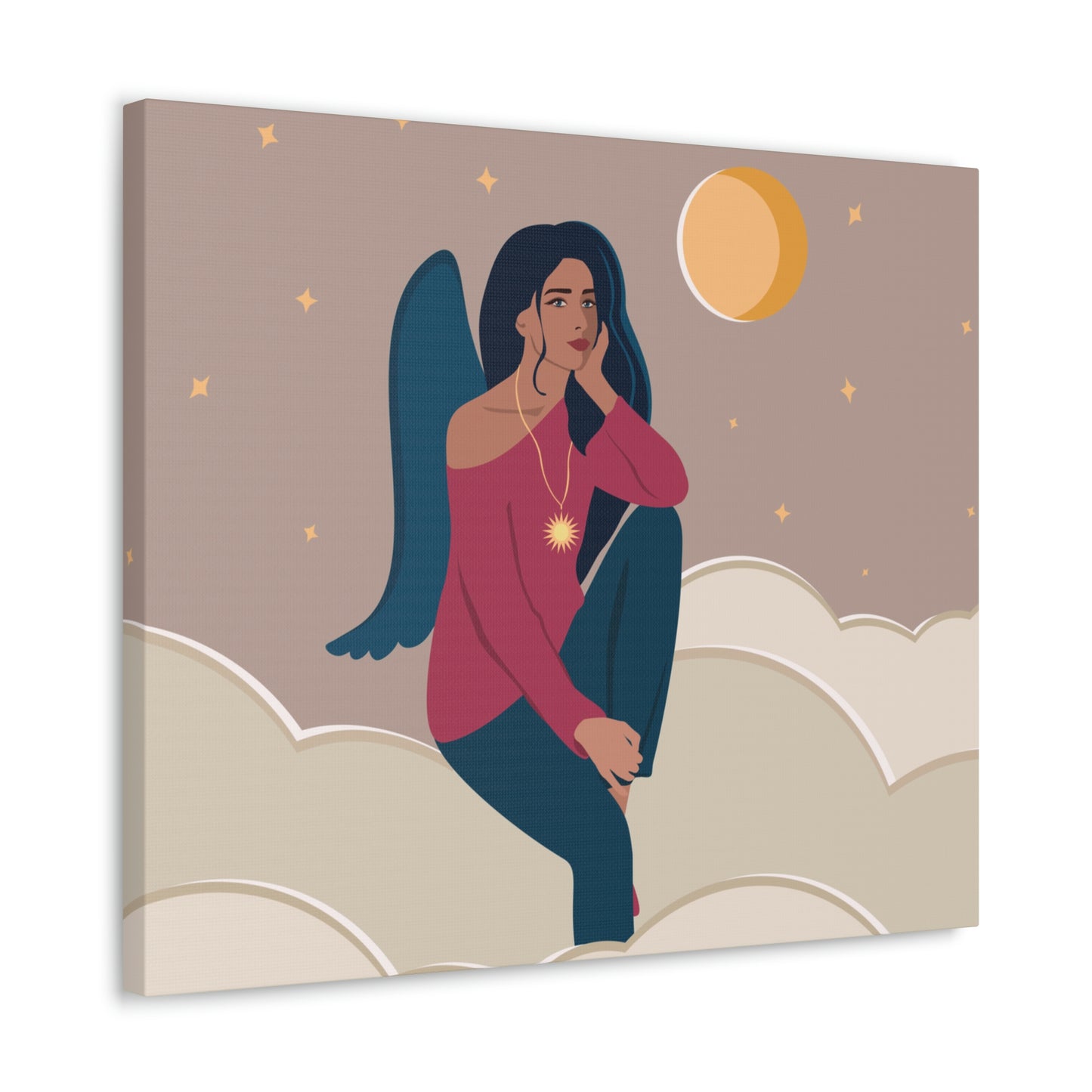 Women Angel Portrait Sitting On Clouds Cartoon Art Canvas Gallery Wraps