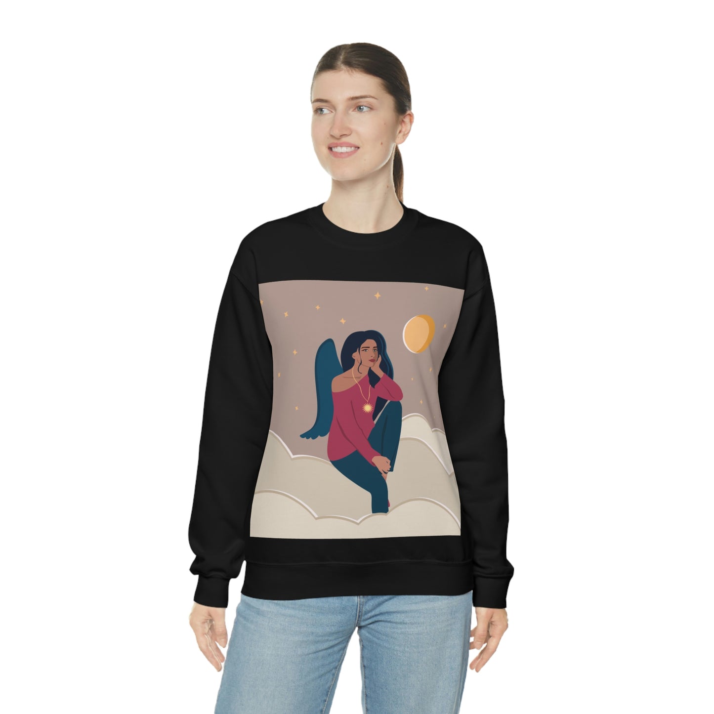 Women Angel Portrait Sitting On Clouds Cartoon Art Unisex Heavy Blend™ Crewneck Sweatshirt