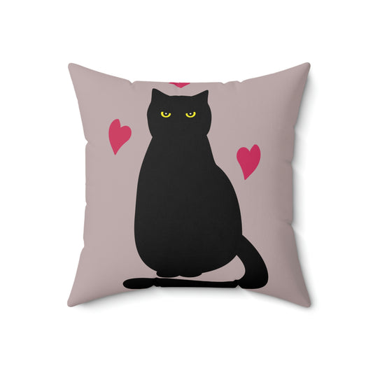 Black Cat with Heart Love Spun Polyester Square Pillow