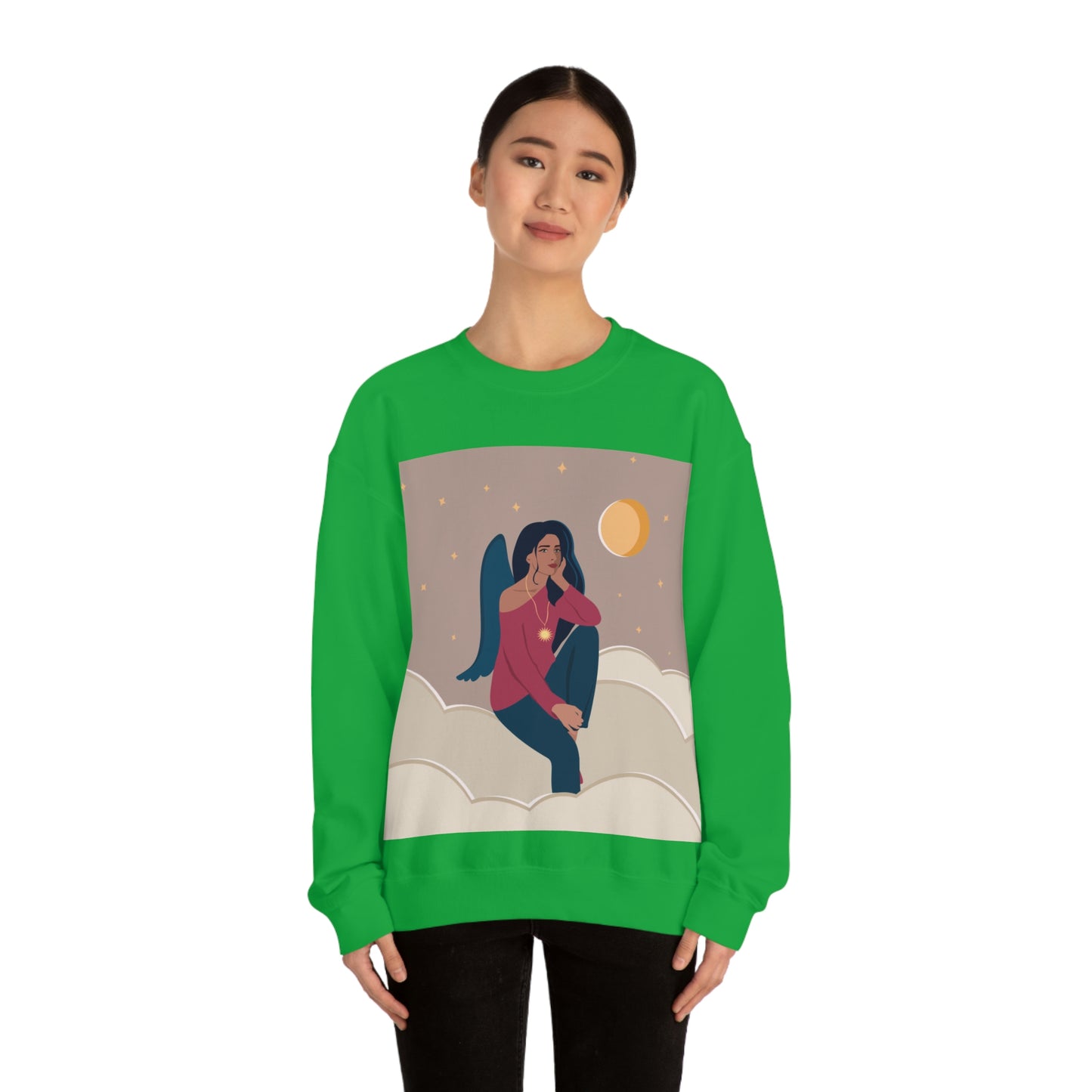 Women Angel Portrait Sitting On Clouds Cartoon Art Unisex Heavy Blend™ Crewneck Sweatshirt