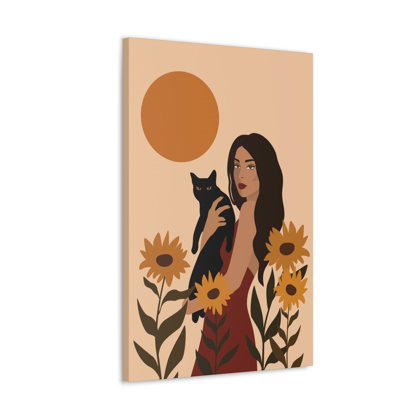 Woman with Black Cat Mininal Sunflowers Aesthetic Art Canvas Gallery Wraps