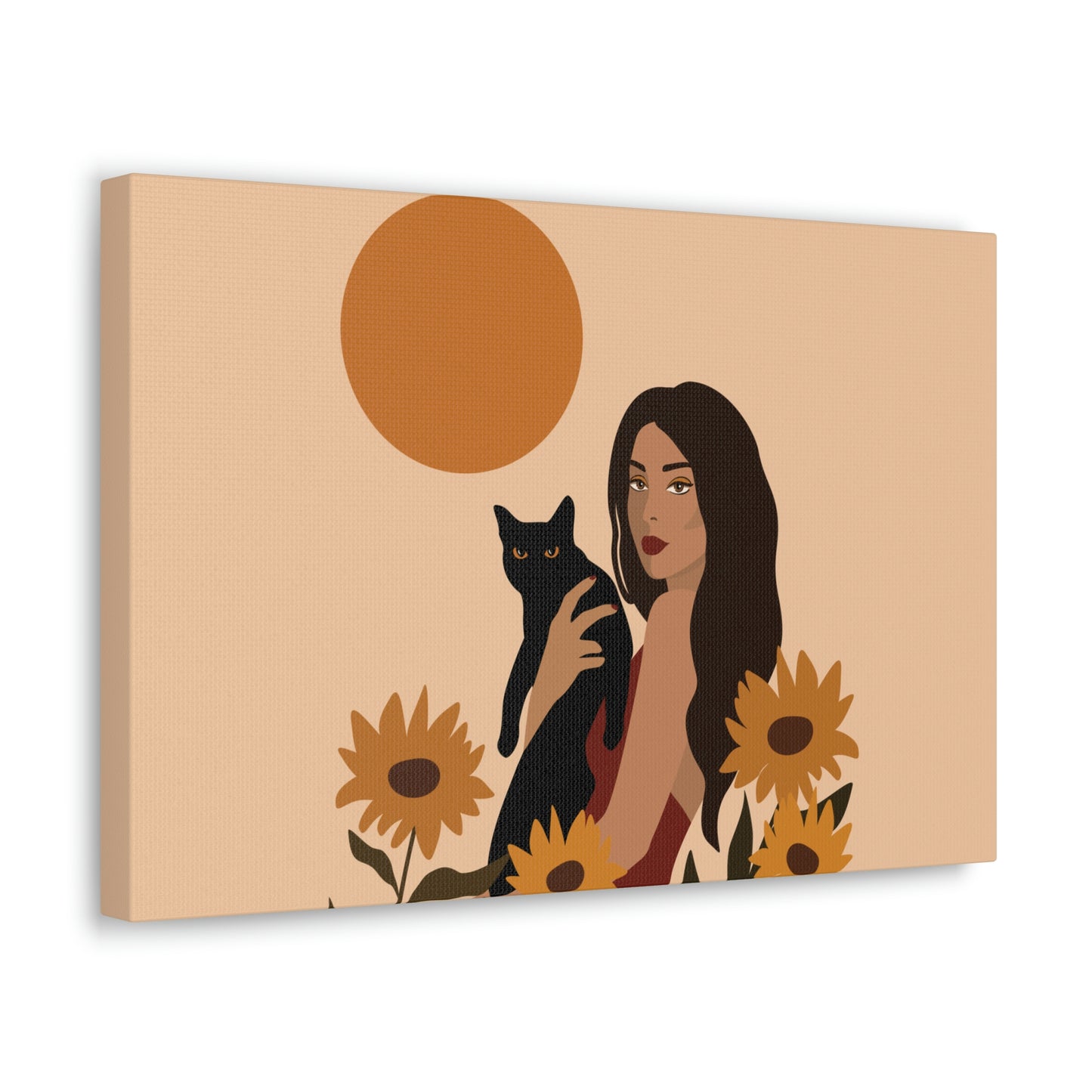 Woman with Black Cat Mininal Sunflowers Aesthetic Art Canvas Gallery Wraps