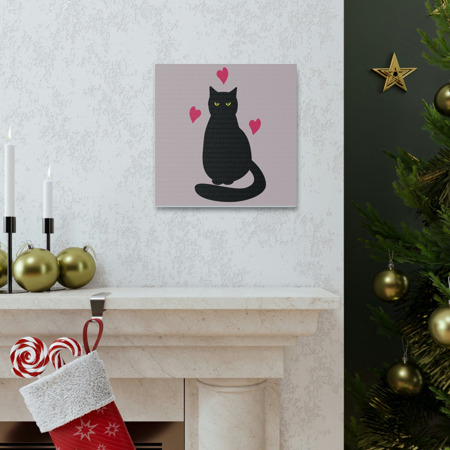 Black Cat with Heart Love Aesthetic Classic Art Canvas Gallery Wraps