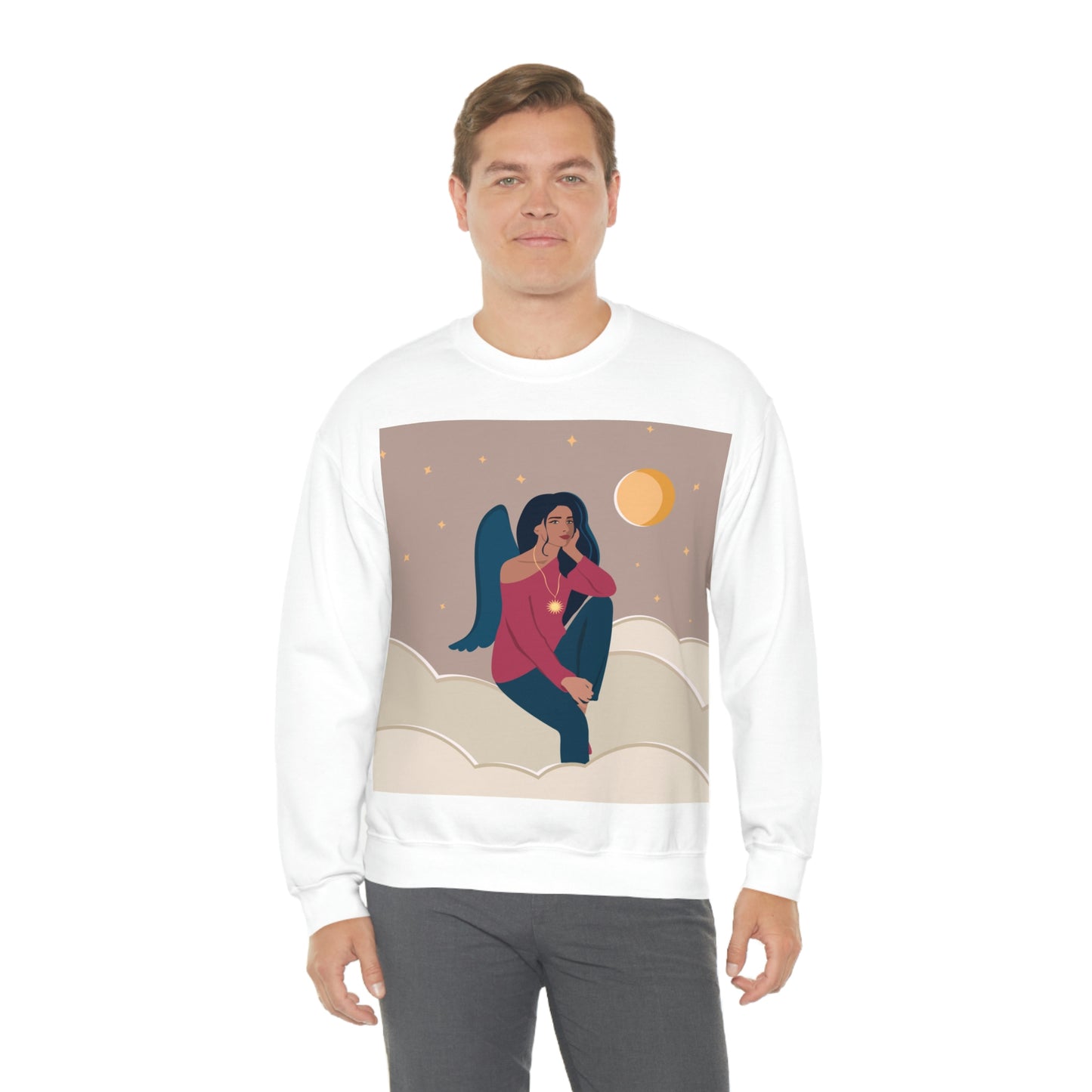 Women Angel Portrait Sitting On Clouds Cartoon Art Unisex Heavy Blend™ Crewneck Sweatshirt