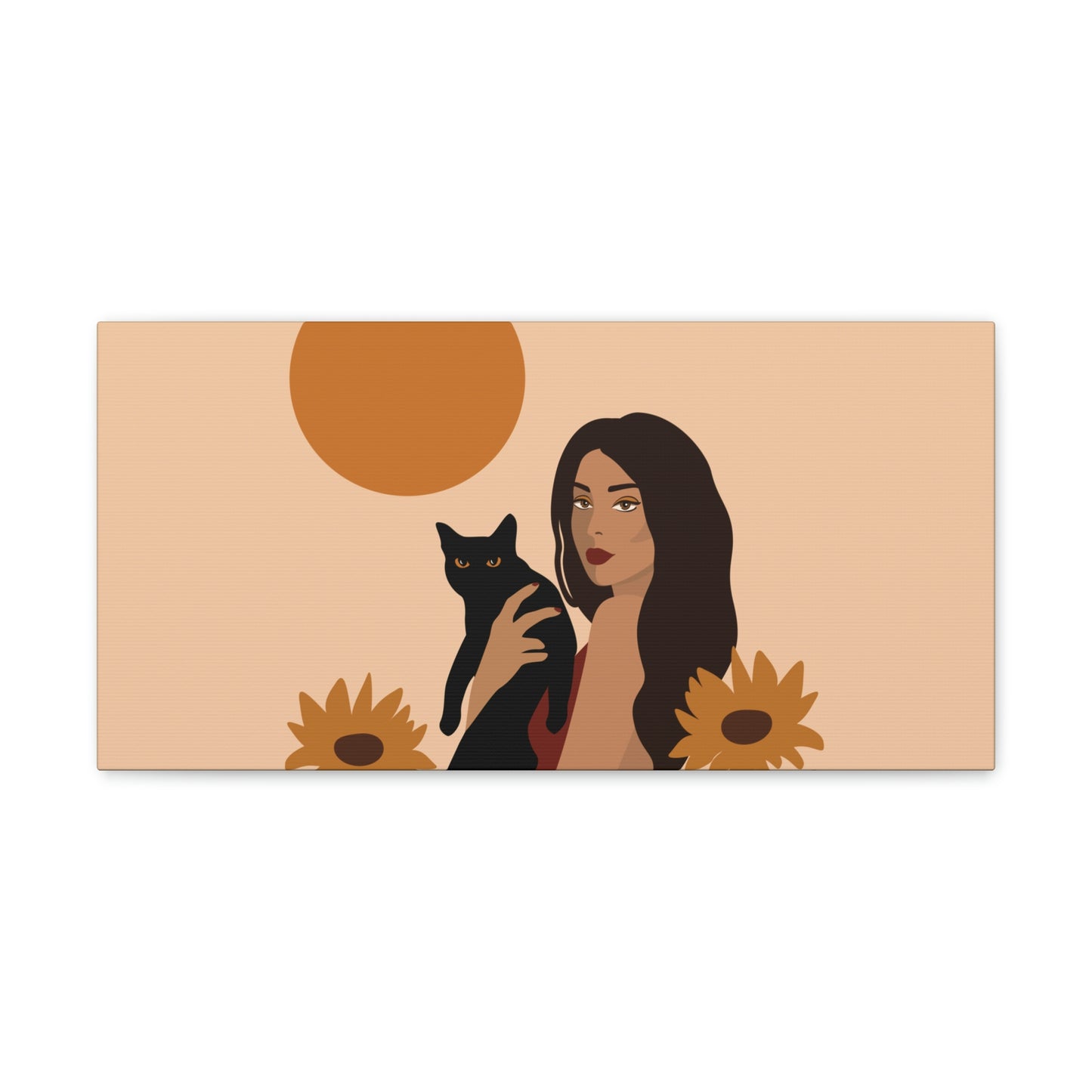 Woman with Black Cat Mininal Sunflowers Aesthetic Art Canvas Gallery Wraps