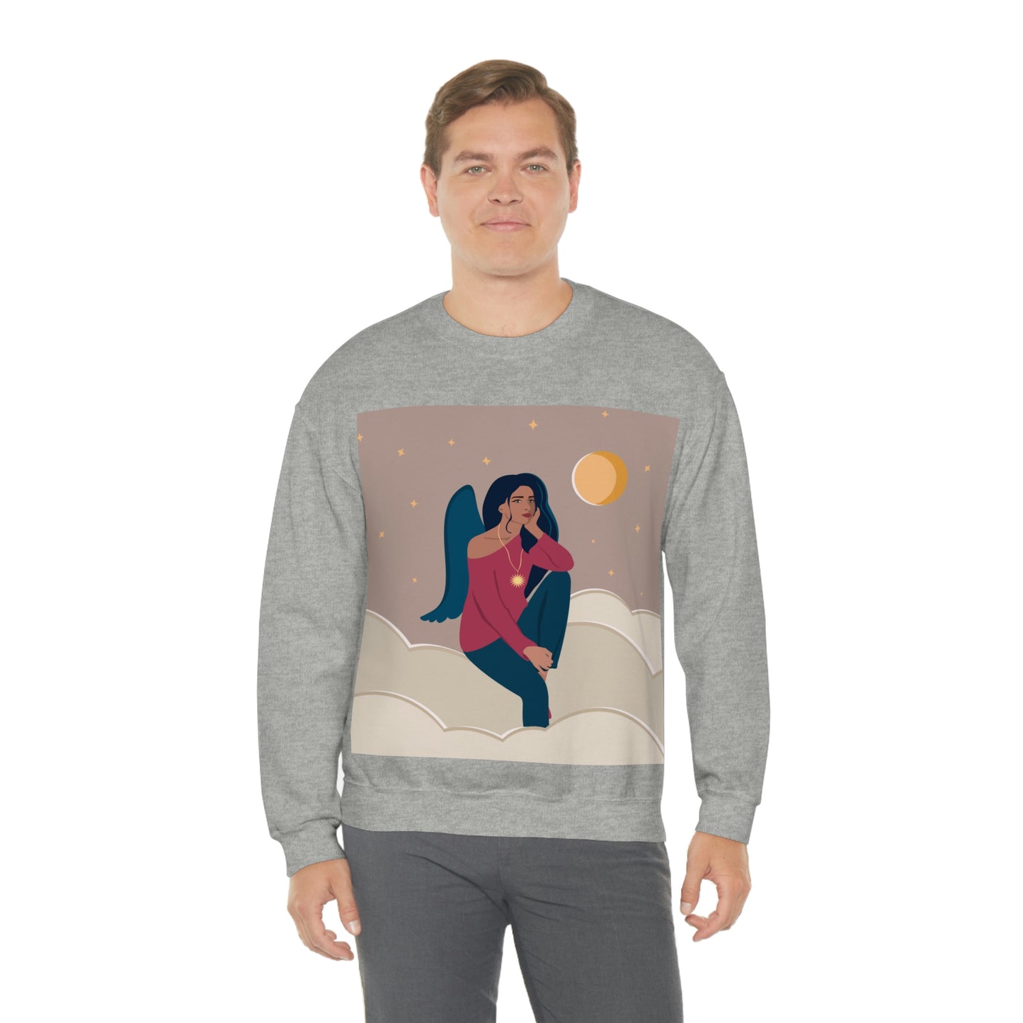 Women Angel Portrait Sitting On Clouds Cartoon Art Unisex Heavy Blend™ Crewneck Sweatshirt