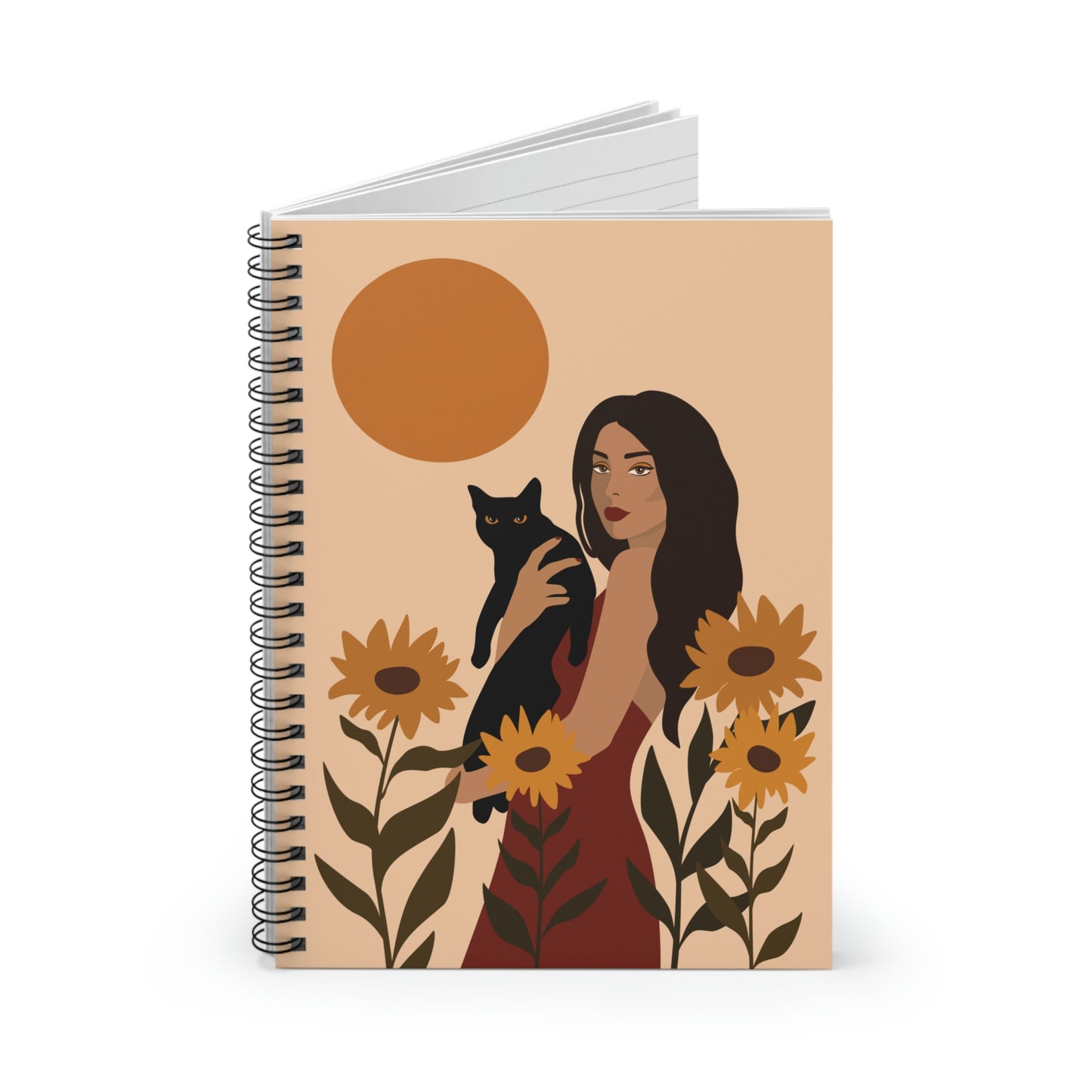 Woman with Black Cat Mininal Sunflowers Aesthetic Art Spiral Notebook Ruled Line