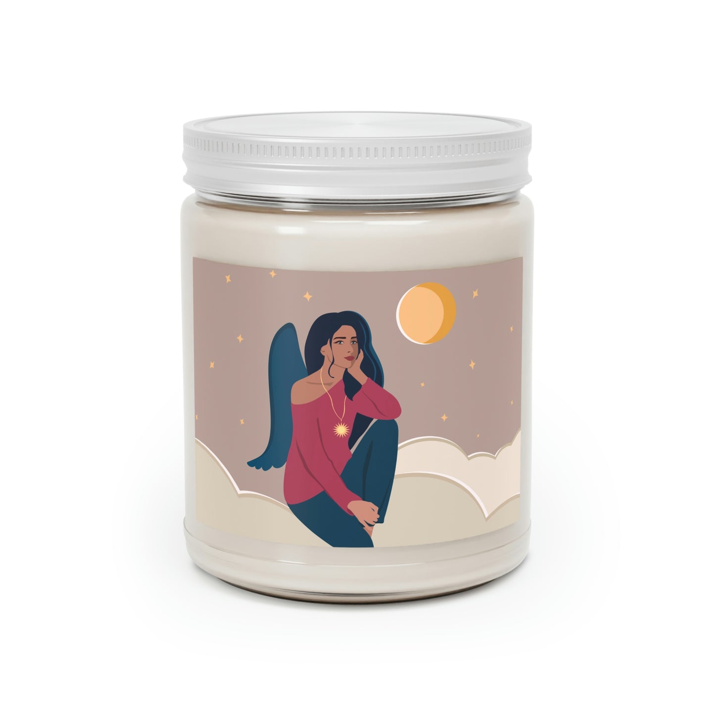 Women Angel Portrait Sitting On Clouds Cartoon Art Scented Candle Up to 60hSoy Wax 9oz