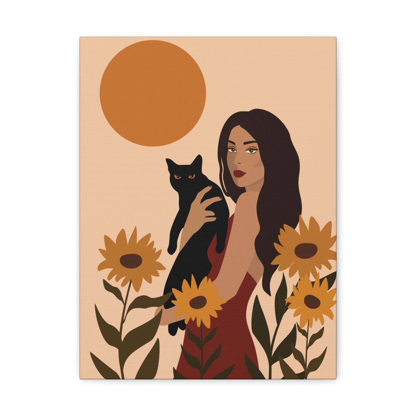 Woman with Black Cat Mininal Sunflowers Aesthetic Art Canvas Gallery Wraps