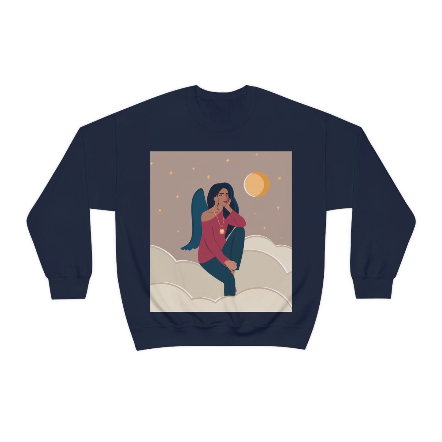 Women Angel Portrait Sitting On Clouds Cartoon Art Unisex Heavy Blend™ Crewneck Sweatshirt