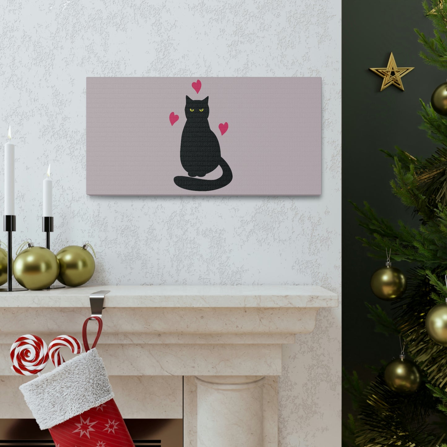 Black Cat with Heart Love Aesthetic Classic Art Canvas Gallery Wraps