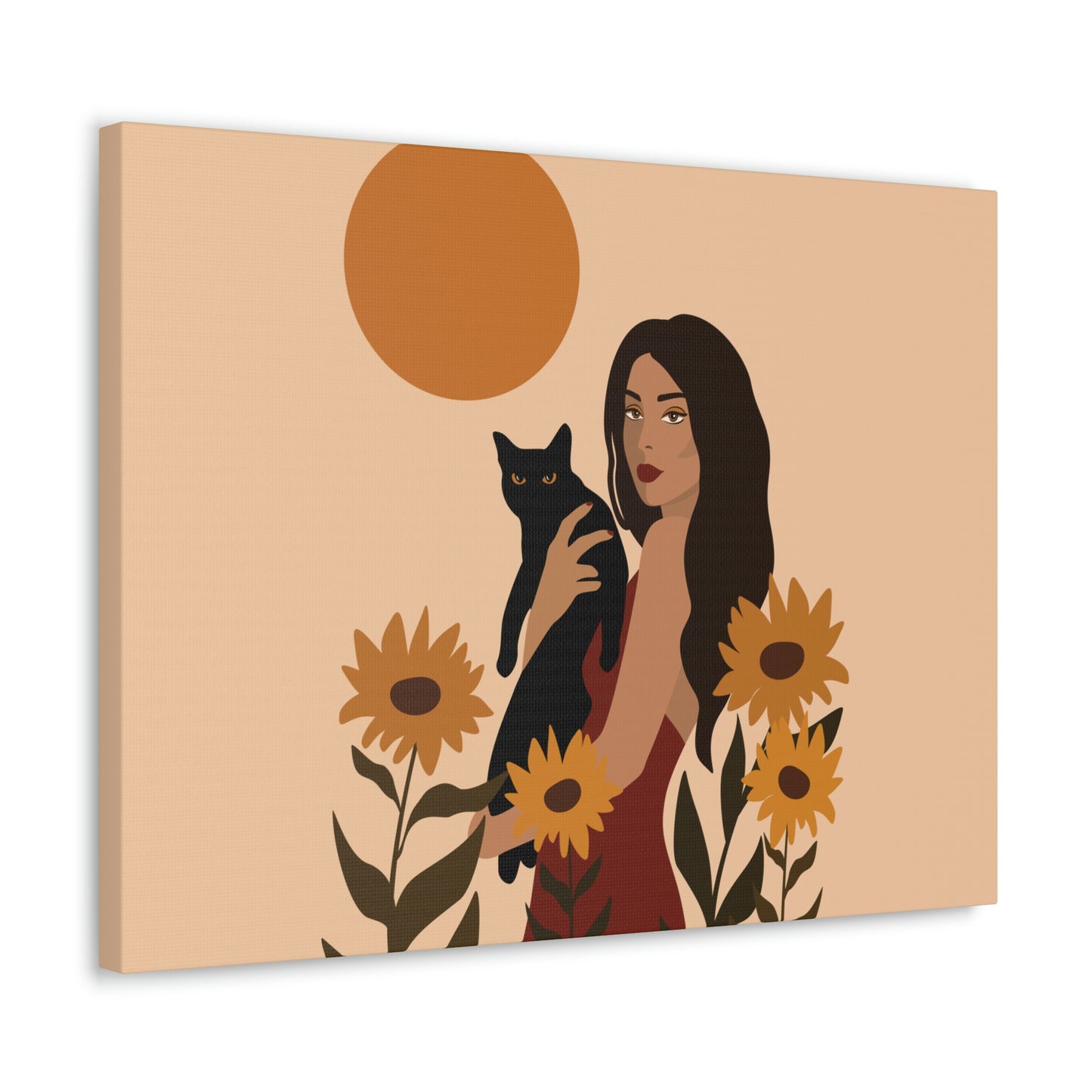 Woman with Black Cat Mininal Sunflowers Aesthetic Art Canvas Gallery Wraps