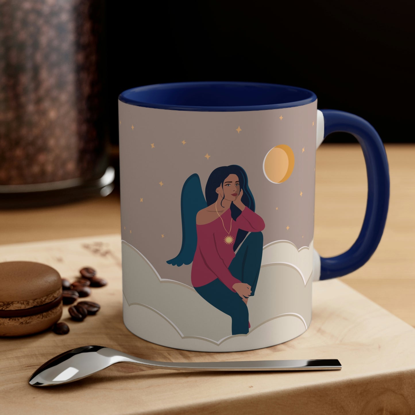 Women Angel Portrait Sitting On Clouds Cartoon Art Accent Coffee Mug 11oz