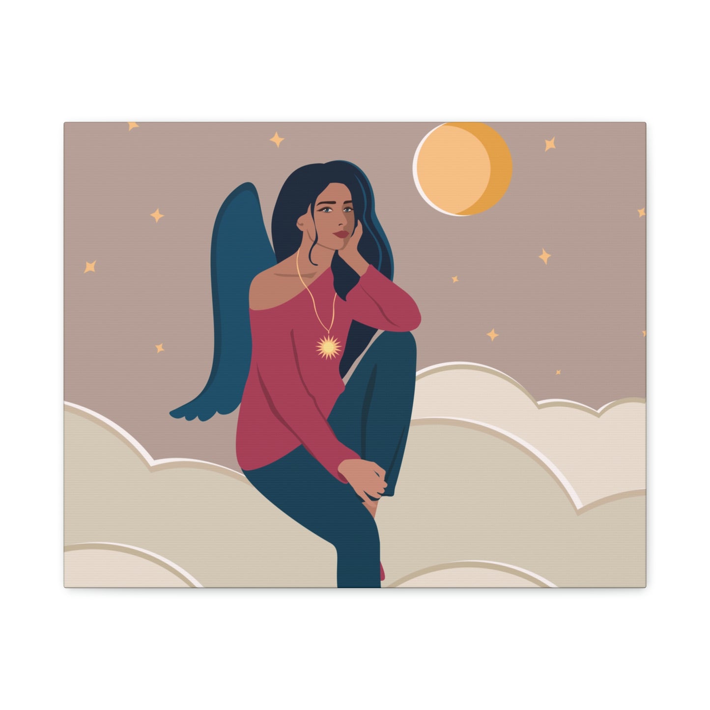 Women Angel Portrait Sitting On Clouds Cartoon Art Canvas Gallery Wraps