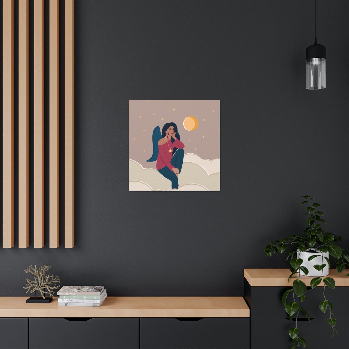 Women Angel Portrait Sitting On Clouds Cartoon Art Canvas Gallery Wraps