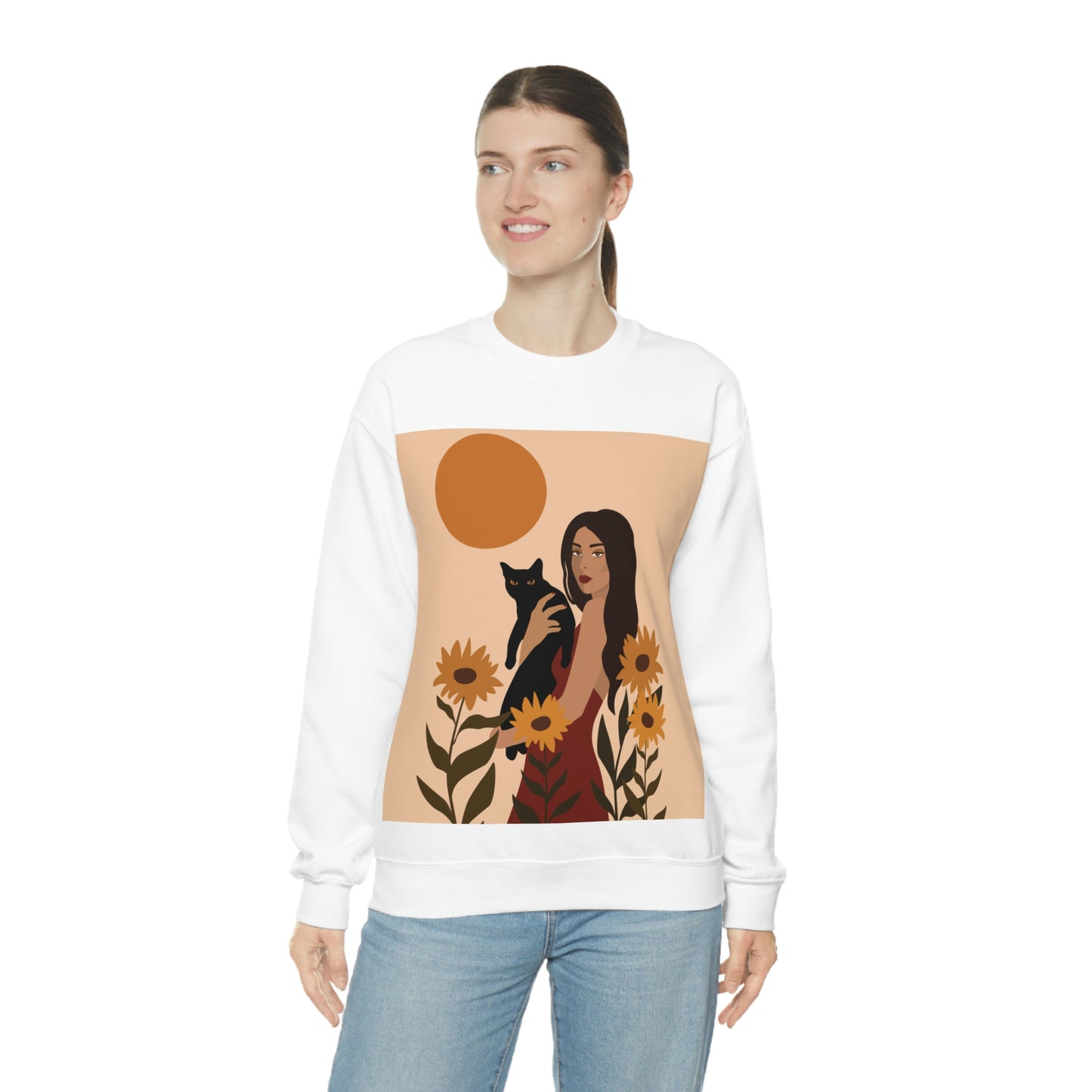 Woman with Black Cat Mininal Sunflowers Aesthetic Art Unisex Heavy Blend™ Crewneck Sweatshirt