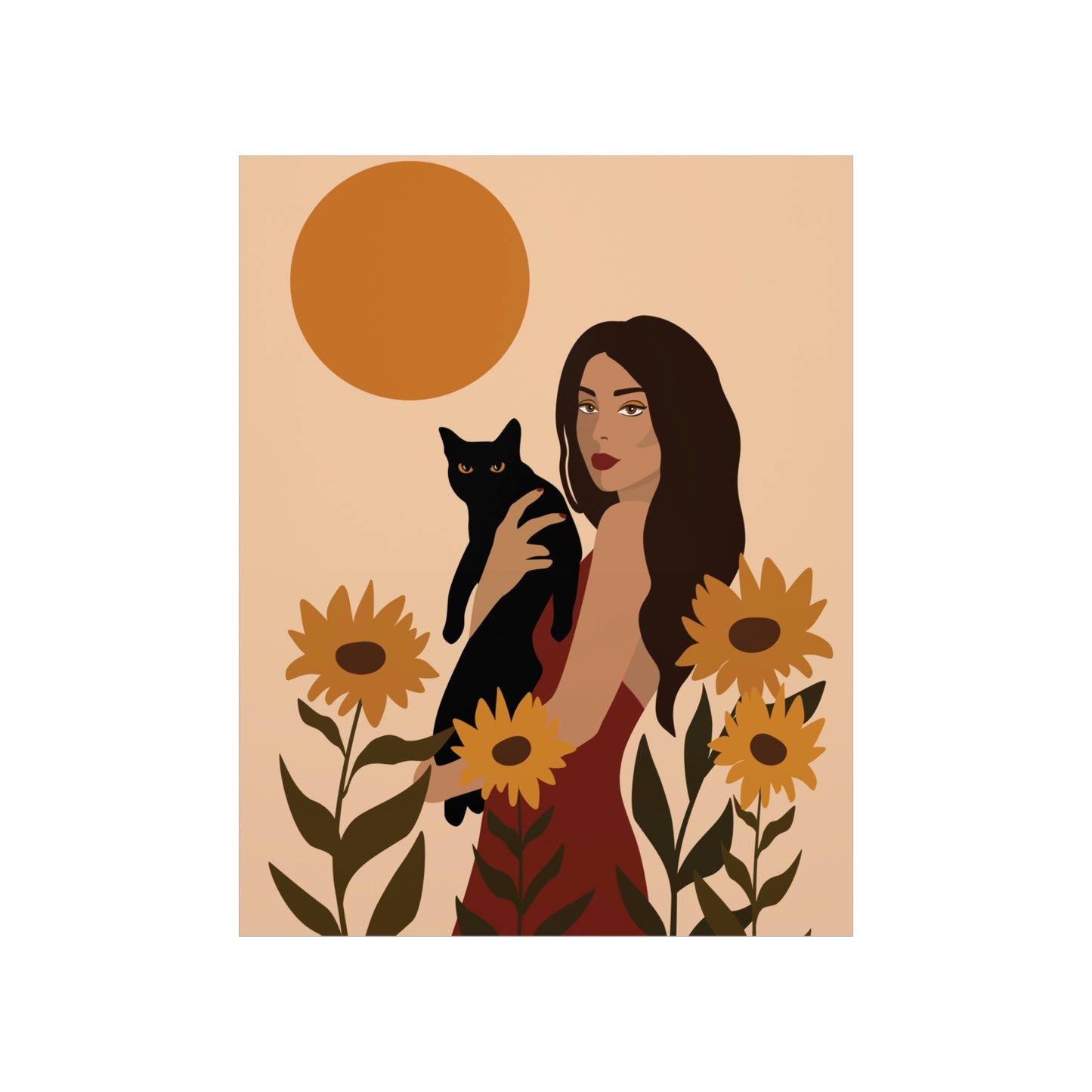 Woman with Black Cat Mininal Sunflowers Aesthetic Art Classic Premium Matte Vertical Posters