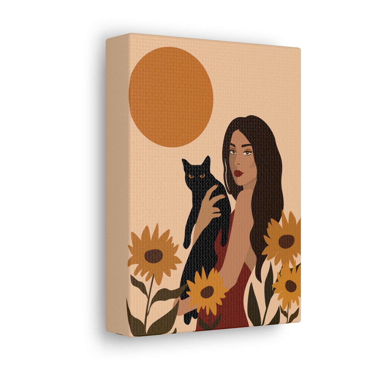 Woman with Black Cat Mininal Sunflowers Aesthetic Art Canvas Gallery Wraps