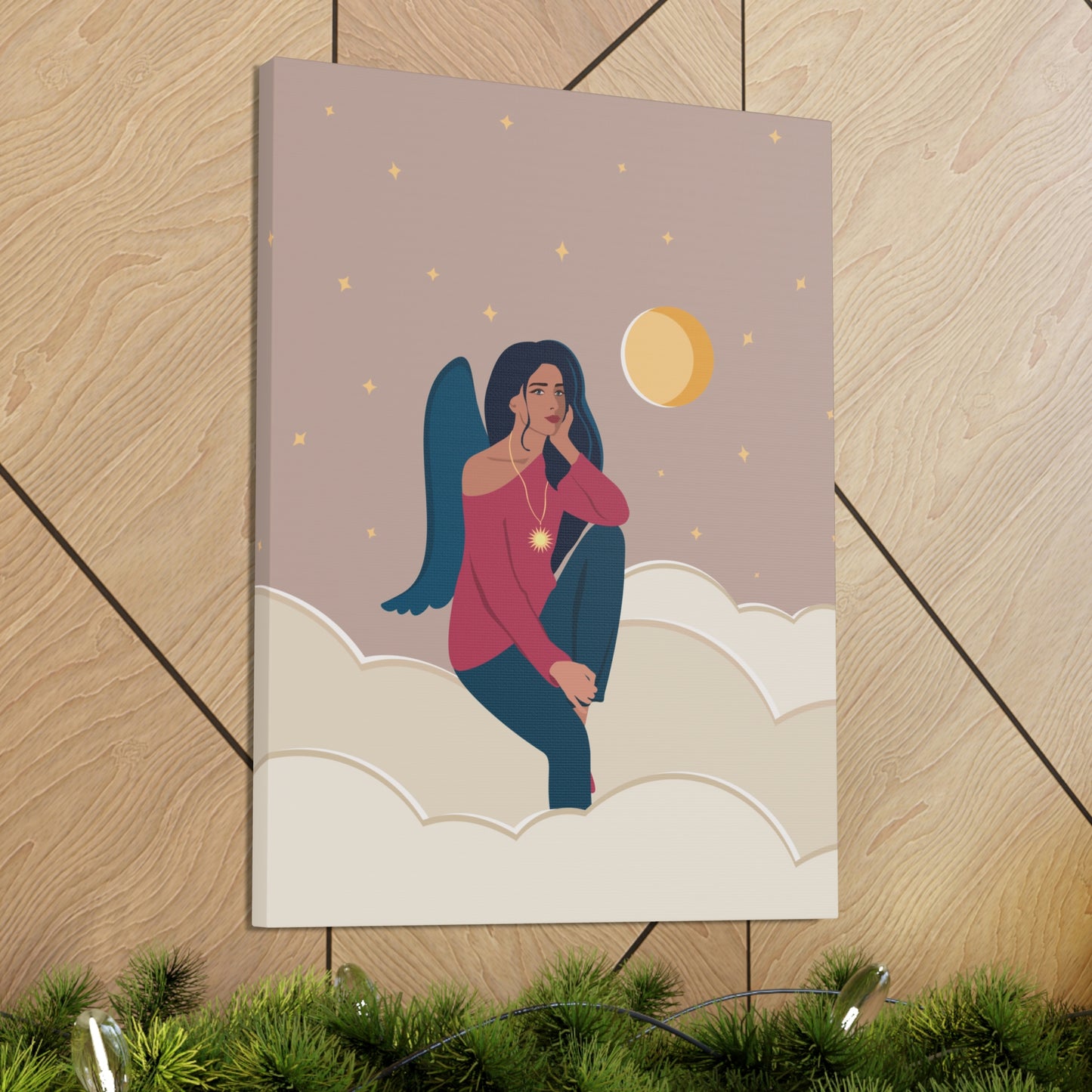 Women Angel Portrait Sitting On Clouds Cartoon Art Canvas Gallery Wraps