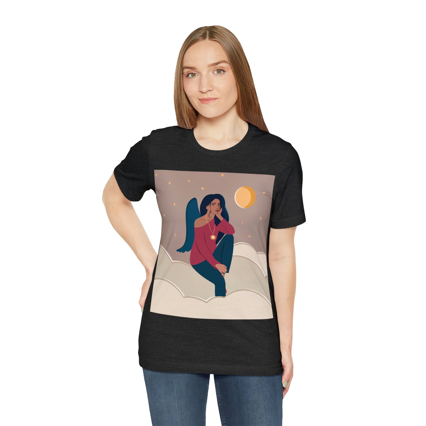 Women Angel Portrait Sitting On Clouds Cartoon Art Unisex Jersey Short Sleeve T-Shirt