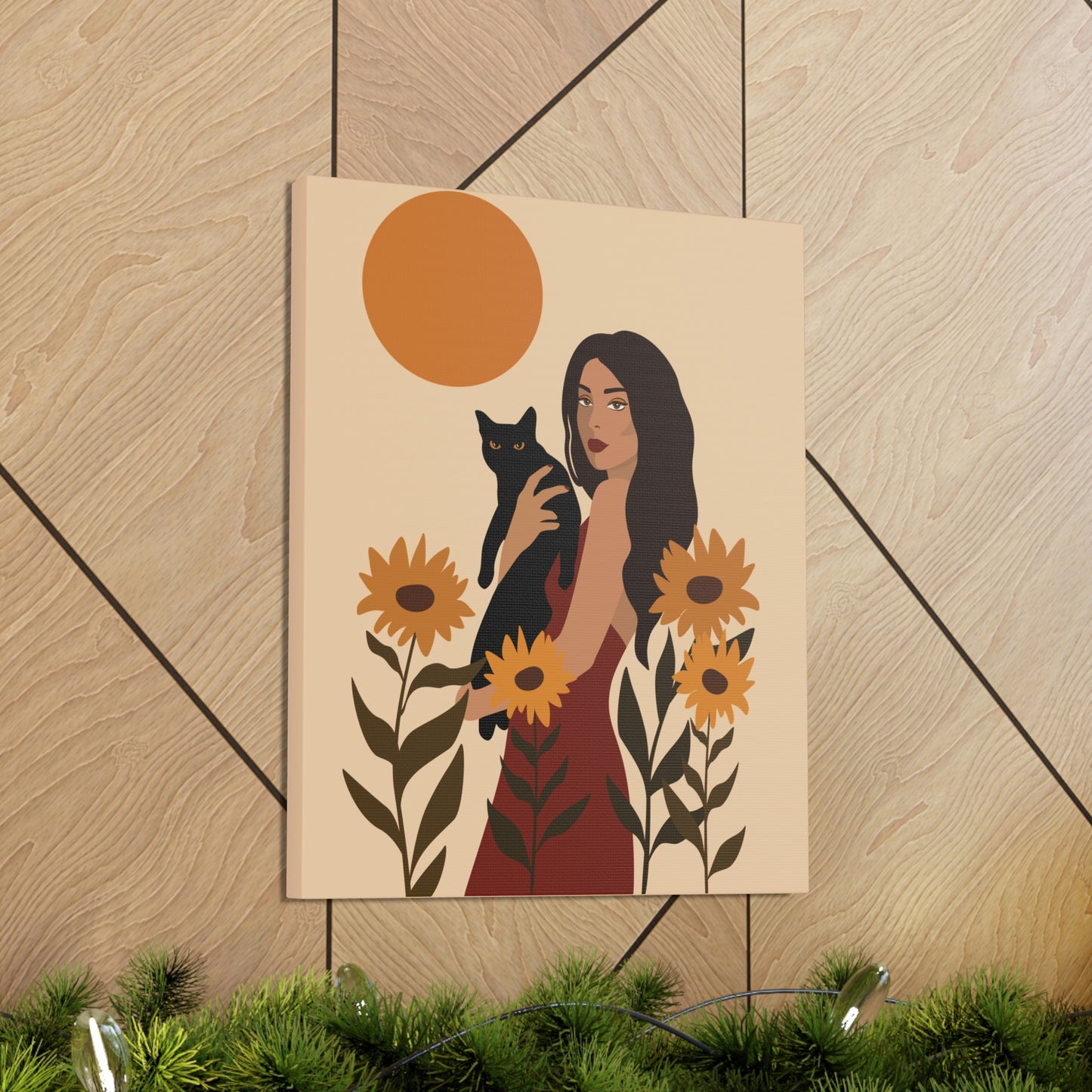 Woman with Black Cat Mininal Sunflowers Aesthetic Art Canvas Gallery Wraps