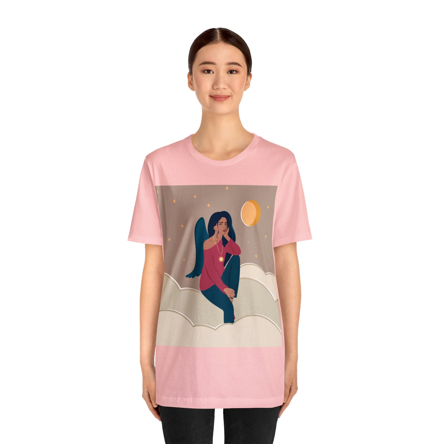 Women Angel Portrait Sitting On Clouds Cartoon Art Unisex Jersey Short Sleeve T-Shirt