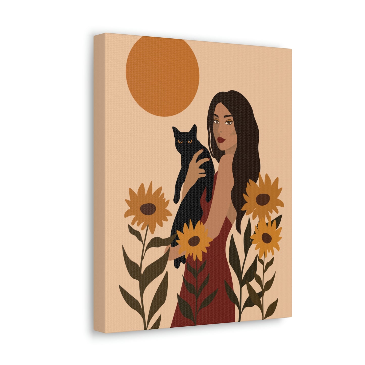 Woman with Black Cat Mininal Sunflowers Aesthetic Art Canvas Gallery Wraps