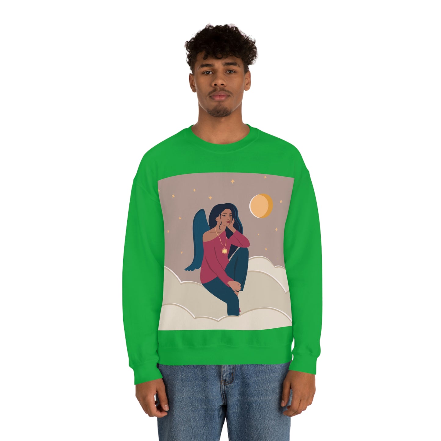 Women Angel Portrait Sitting On Clouds Cartoon Art Unisex Heavy Blend™ Crewneck Sweatshirt