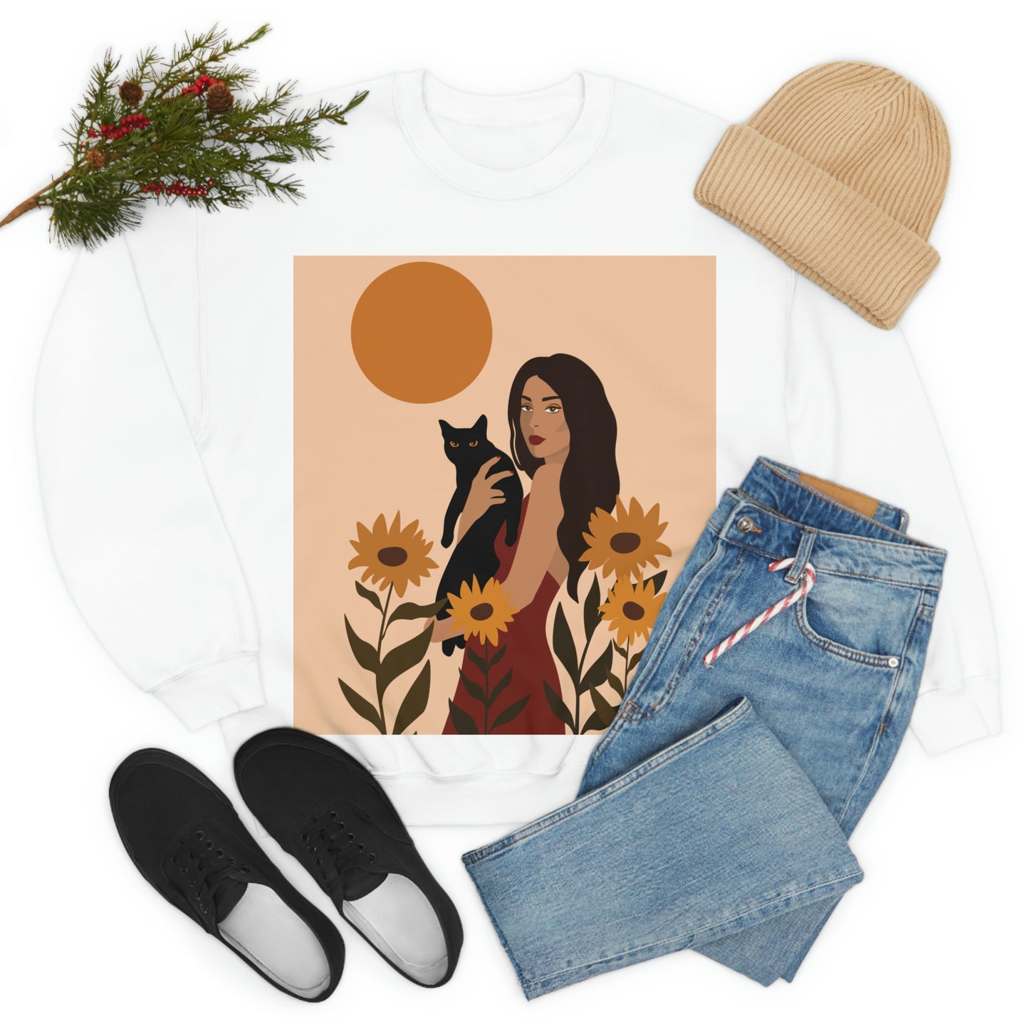 Woman with Black Cat Mininal Sunflowers Aesthetic Art Unisex Heavy Blend™ Crewneck Sweatshirt