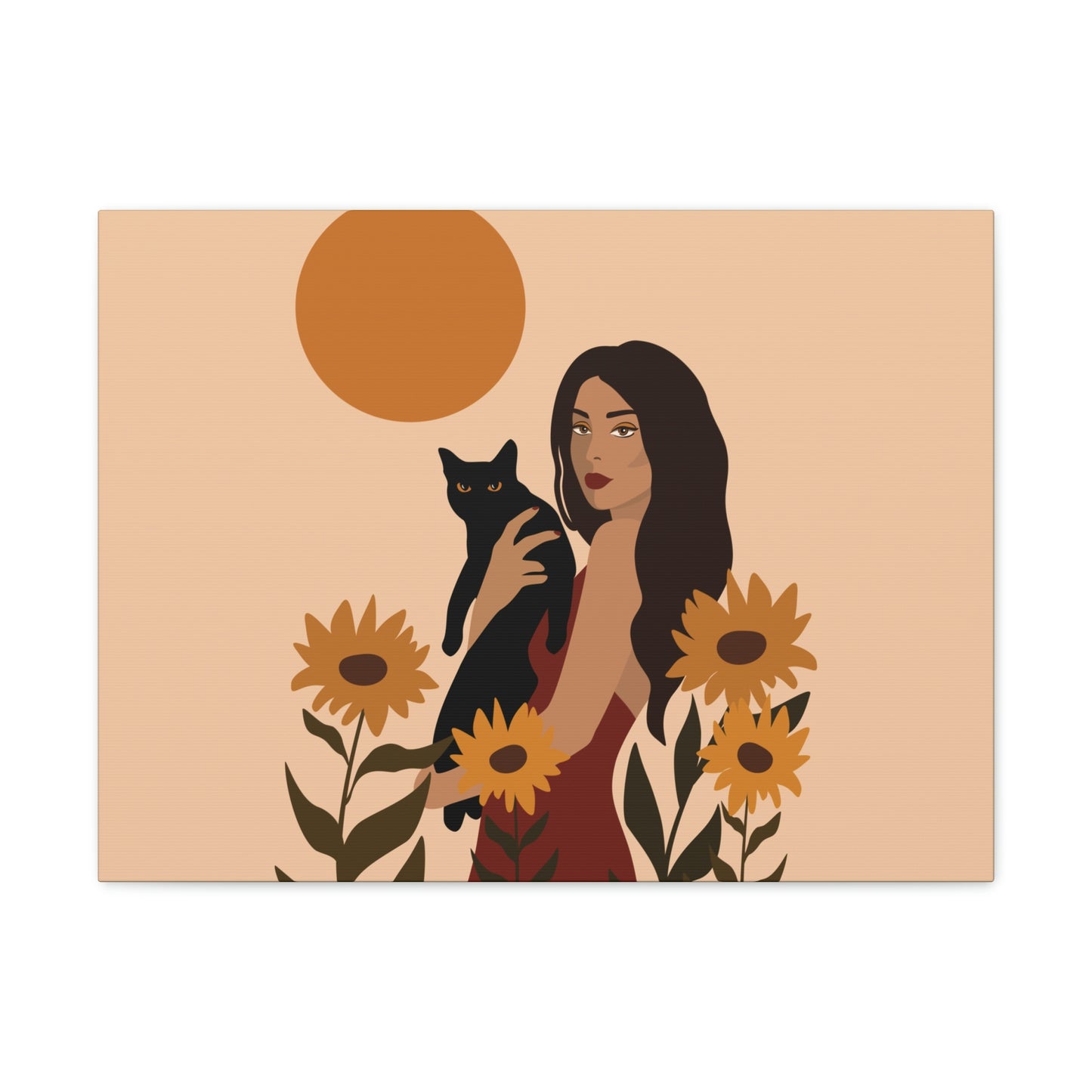 Woman with Black Cat Mininal Sunflowers Aesthetic Art Canvas Gallery Wraps