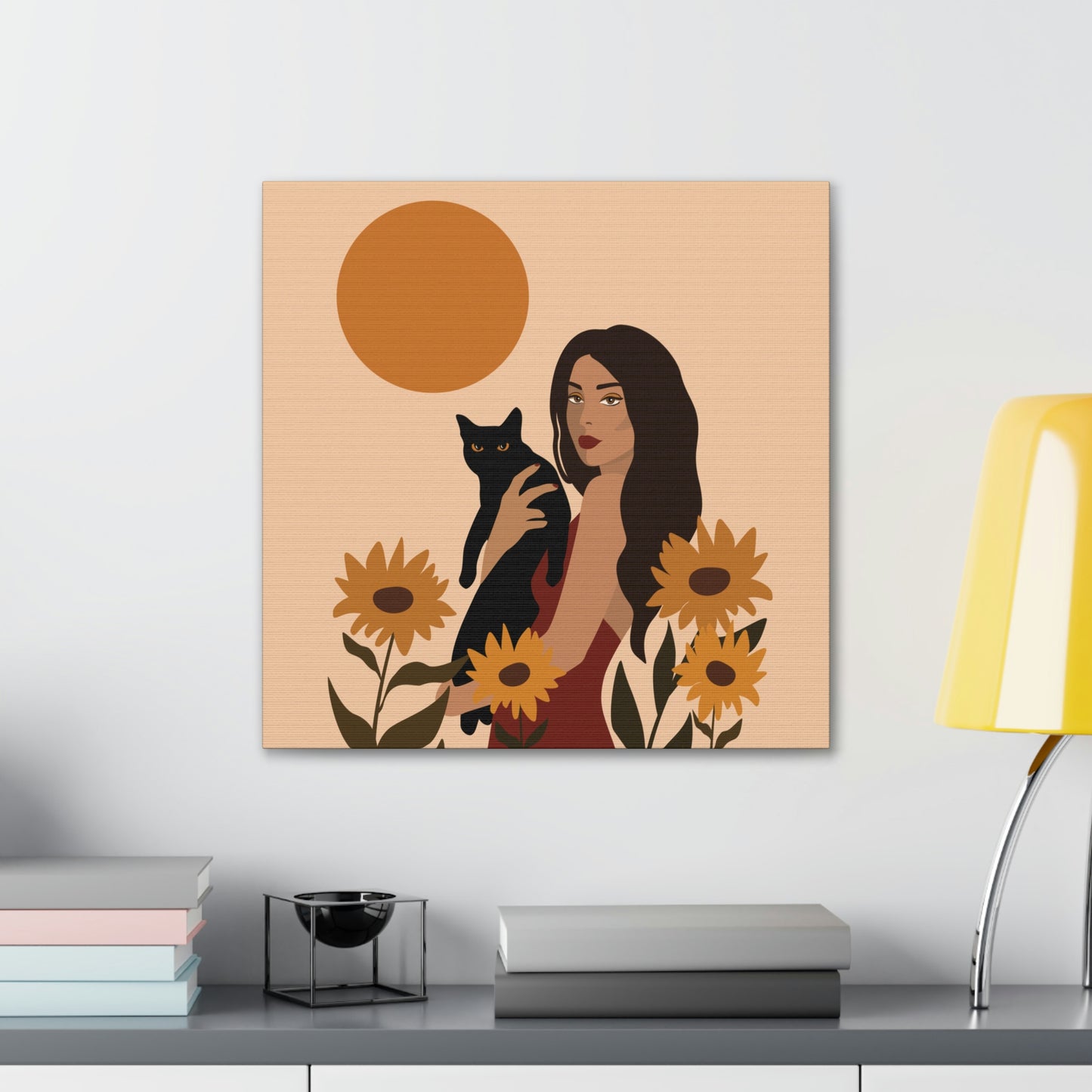 Woman with Black Cat Mininal Sunflowers Aesthetic Art Canvas Gallery Wraps