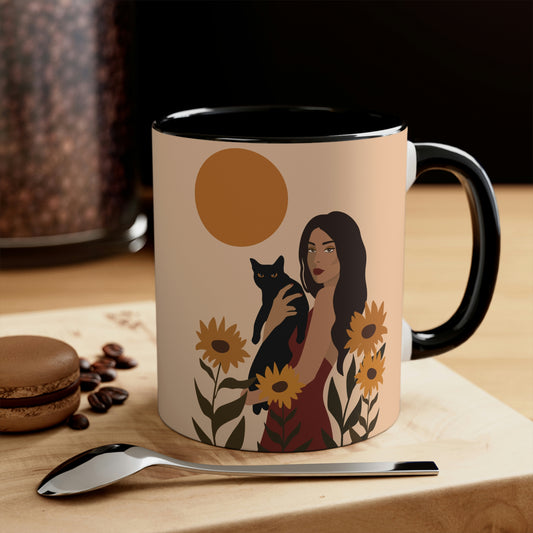 Woman with Black Cat Mininal Sunflowers Aesthetic Art Accent Coffee Mug 11oz