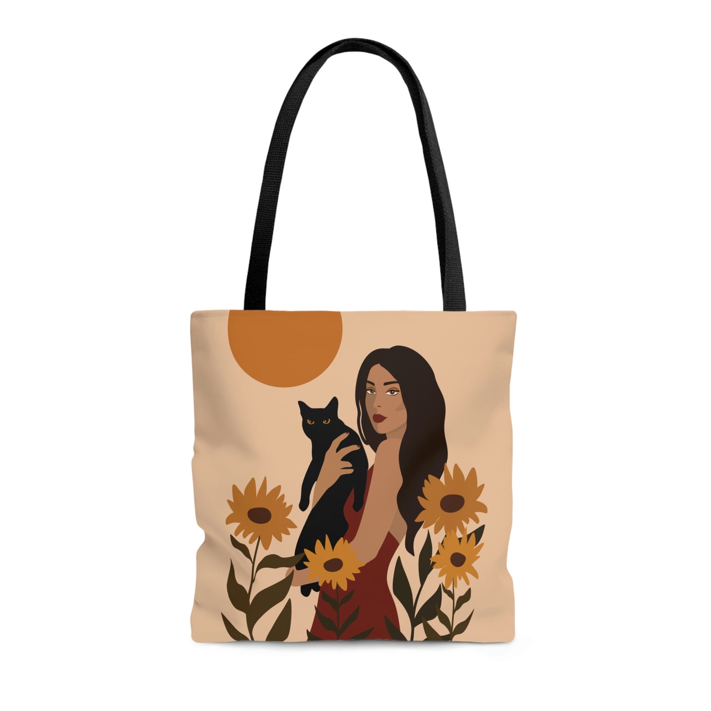 Woman with Black Cat Mininal Sunflowers Aesthetic Art AOP Tote Bag