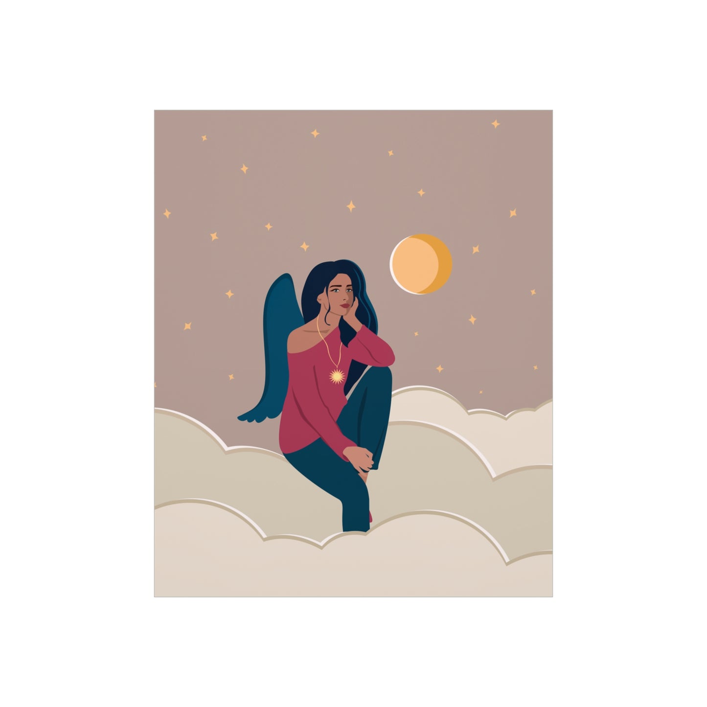 Women Angel Portrait Sitting On Clouds Cartoon Art Classic Premium Matte Vertical Posters