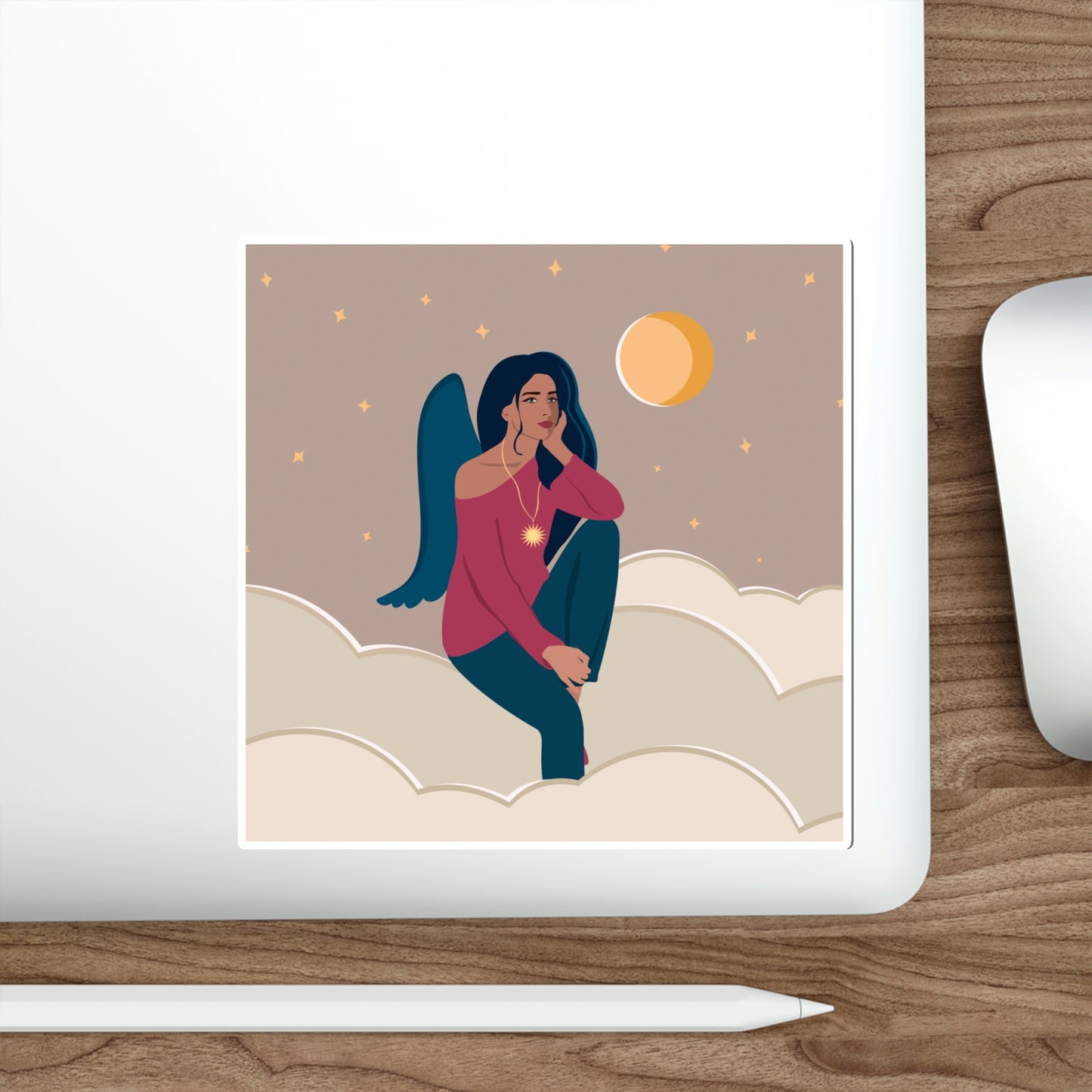 Women Angel Portrait Sitting On Clouds Cartoon Art Die-Cut Sticker