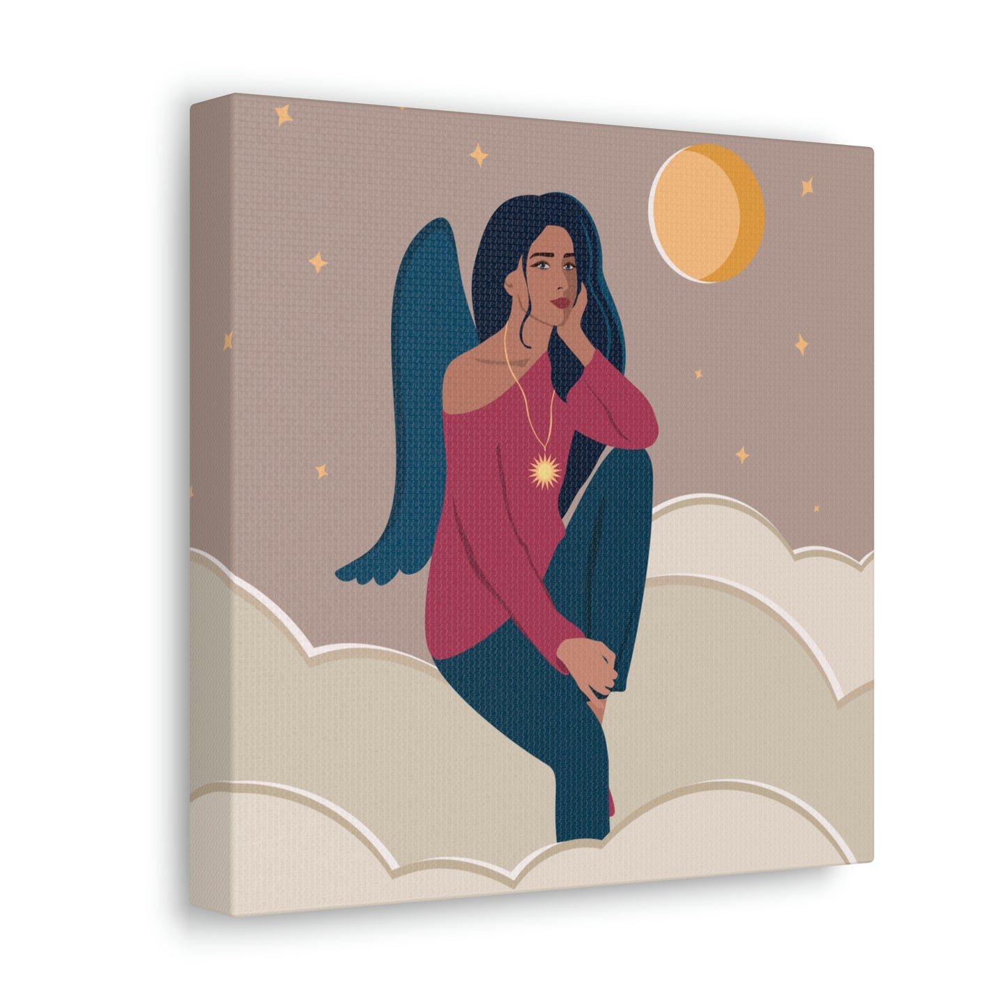 Women Angel Portrait Sitting On Clouds Cartoon Art Canvas Gallery Wraps