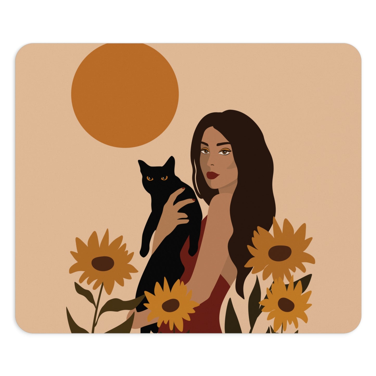 Woman with Black Cat Mininal Sunflowers Aesthetic Art Ergonomic Non-slip Creative Design Mouse Pad