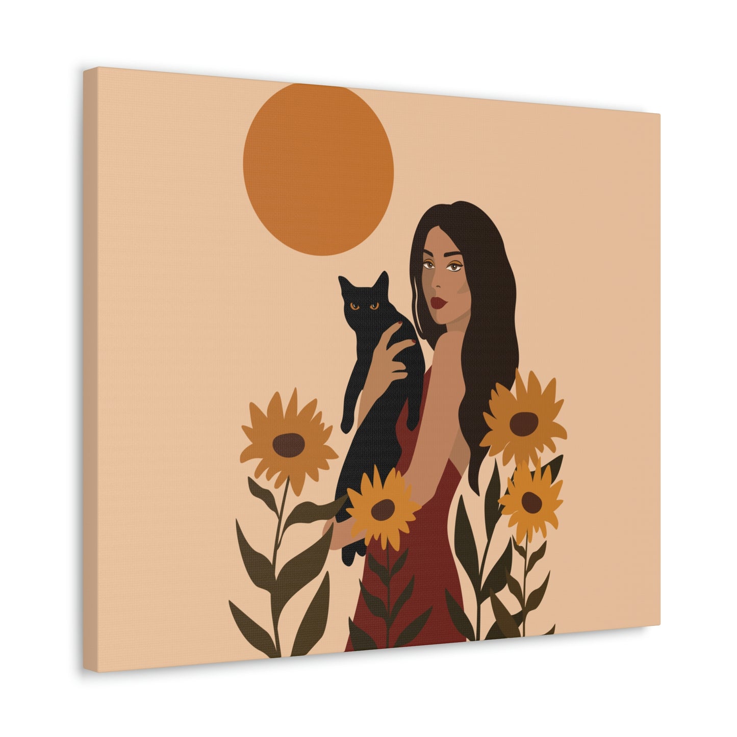 Woman with Black Cat Mininal Sunflowers Aesthetic Art Canvas Gallery Wraps