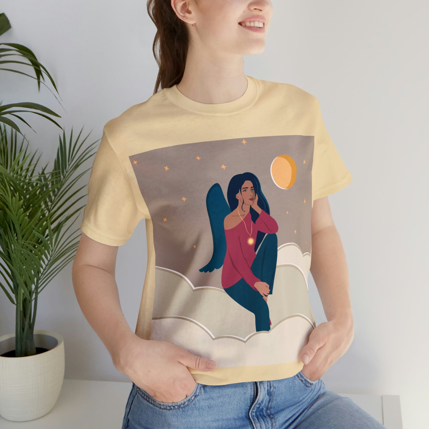 Women Angel Portrait Sitting On Clouds Cartoon Art Unisex Jersey Short Sleeve T-Shirt